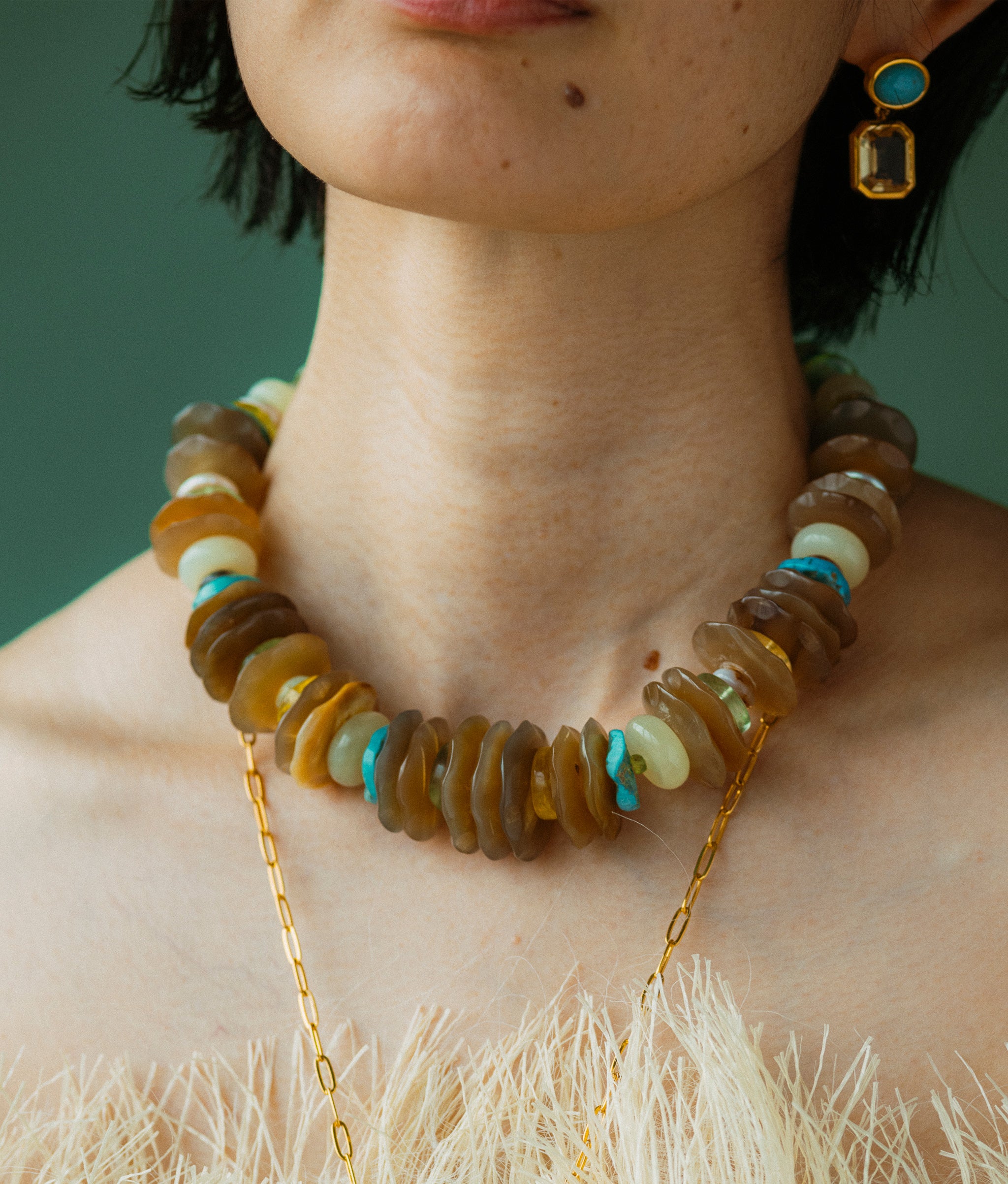 Close-up of Mini Lush Earrings in Lemon and Milano Collar on model