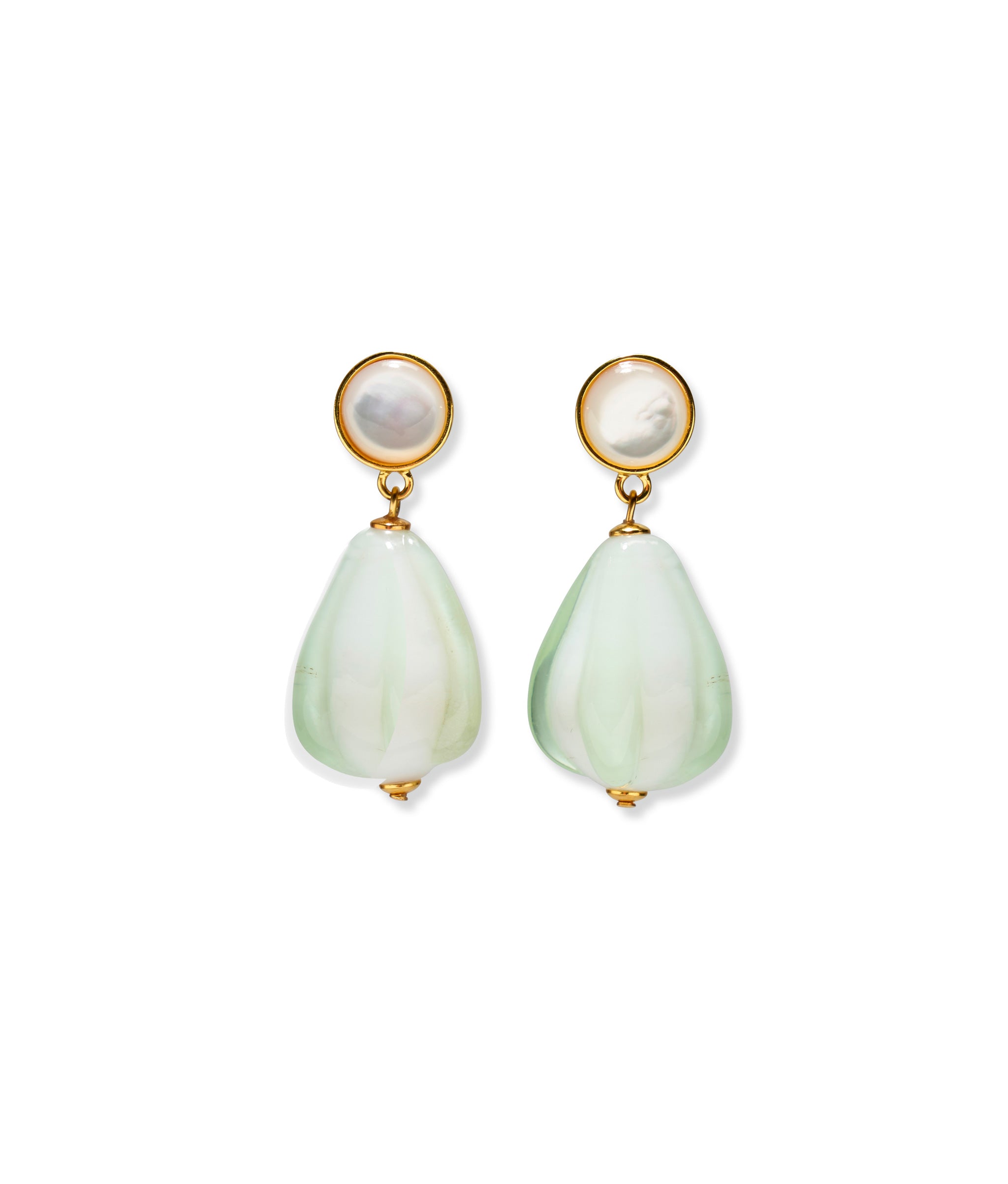 Sean Bean Earrings in gold-plated brass with mother-of-pearl and tulip shaped drops in mint-green and white.