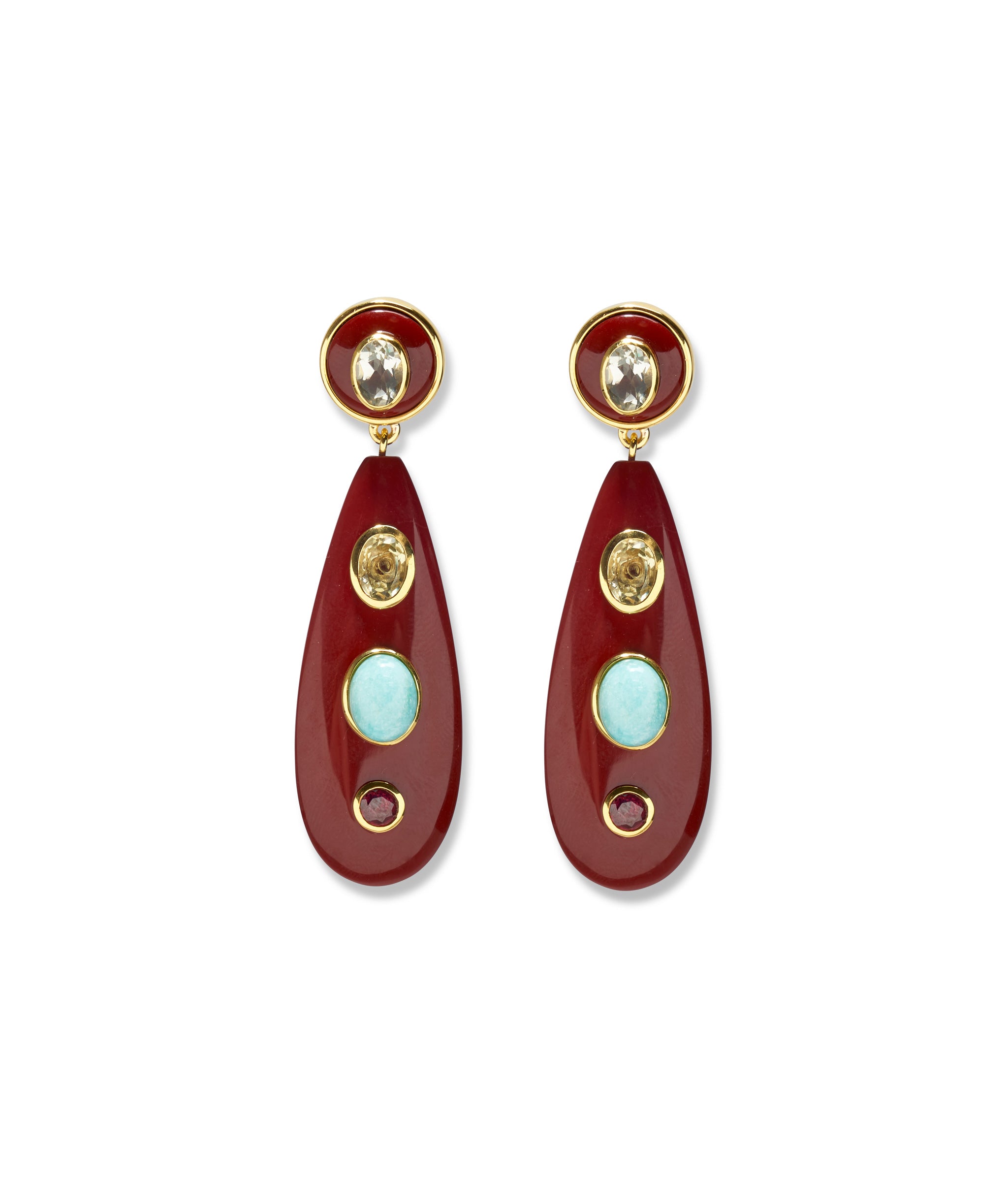 Torre Earrings in chestnut-brown resin statement earrings, with green amethyst cabochon tops.