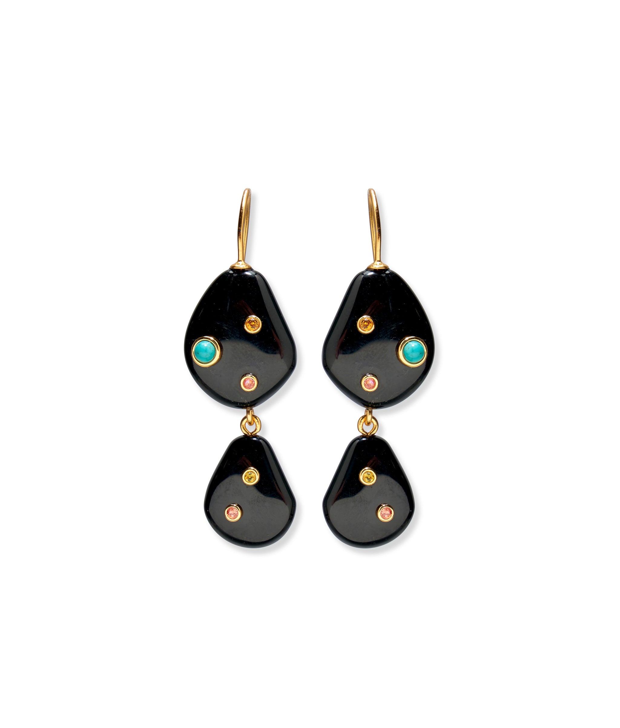 Stacked Stone Earrings with stacked black agate stones, inlaid with semiprecious turquoise.