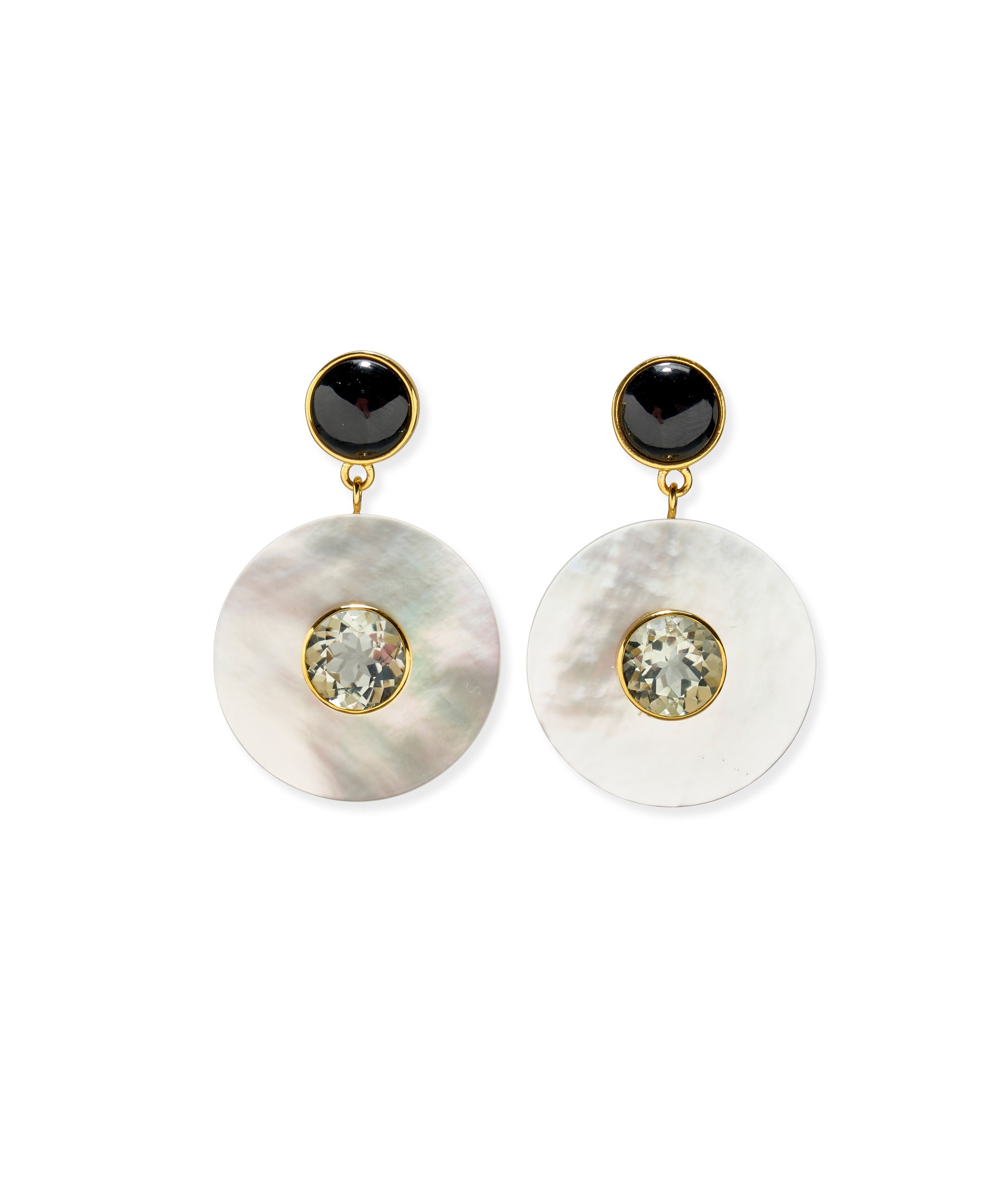 Close-up of Taj Disc Earrings In Mother-Of-Pearl in gold plated brass with black agate tops