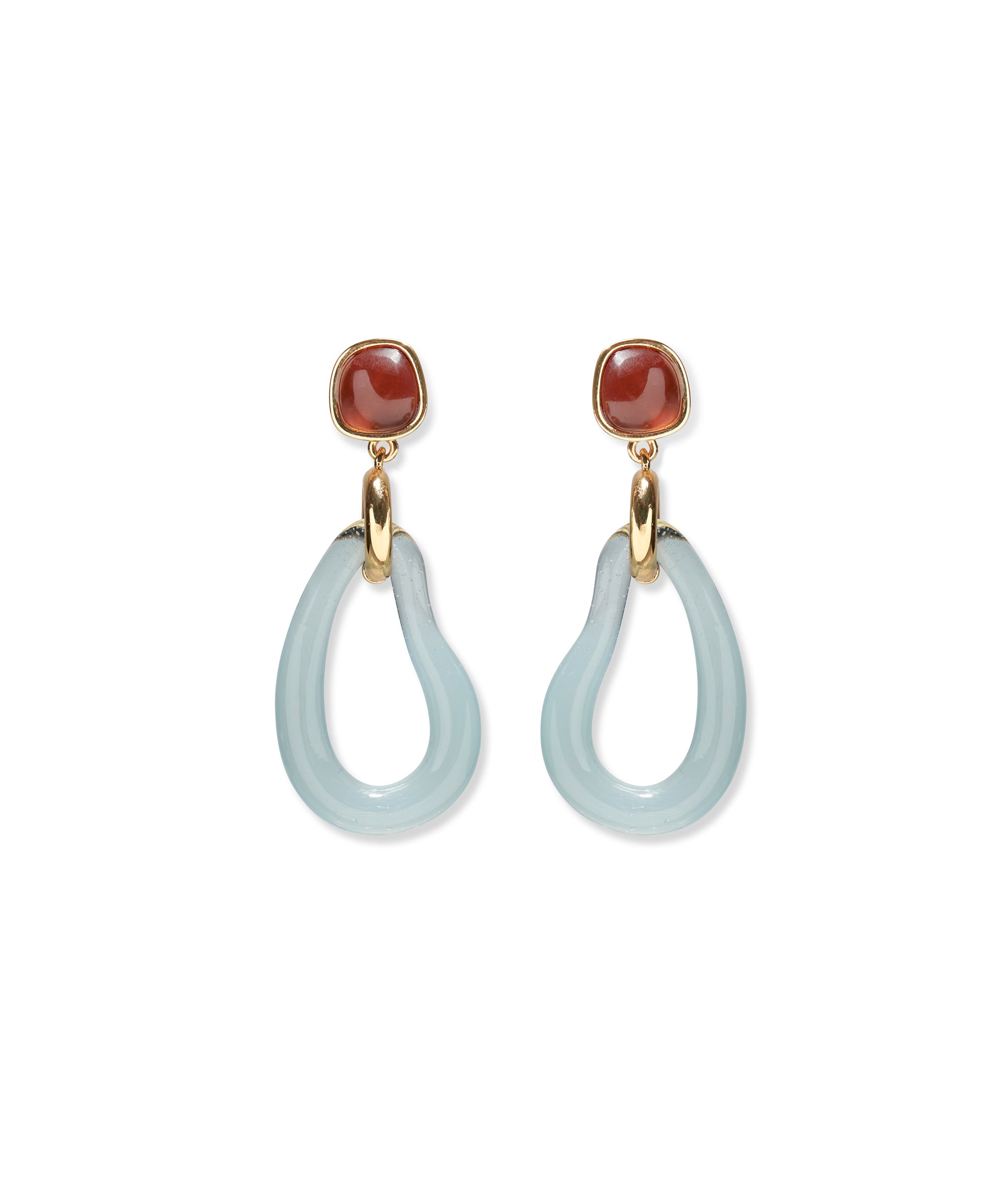 Galina Earrings with amber tops and teardrop hoops in handmade aqua glass.