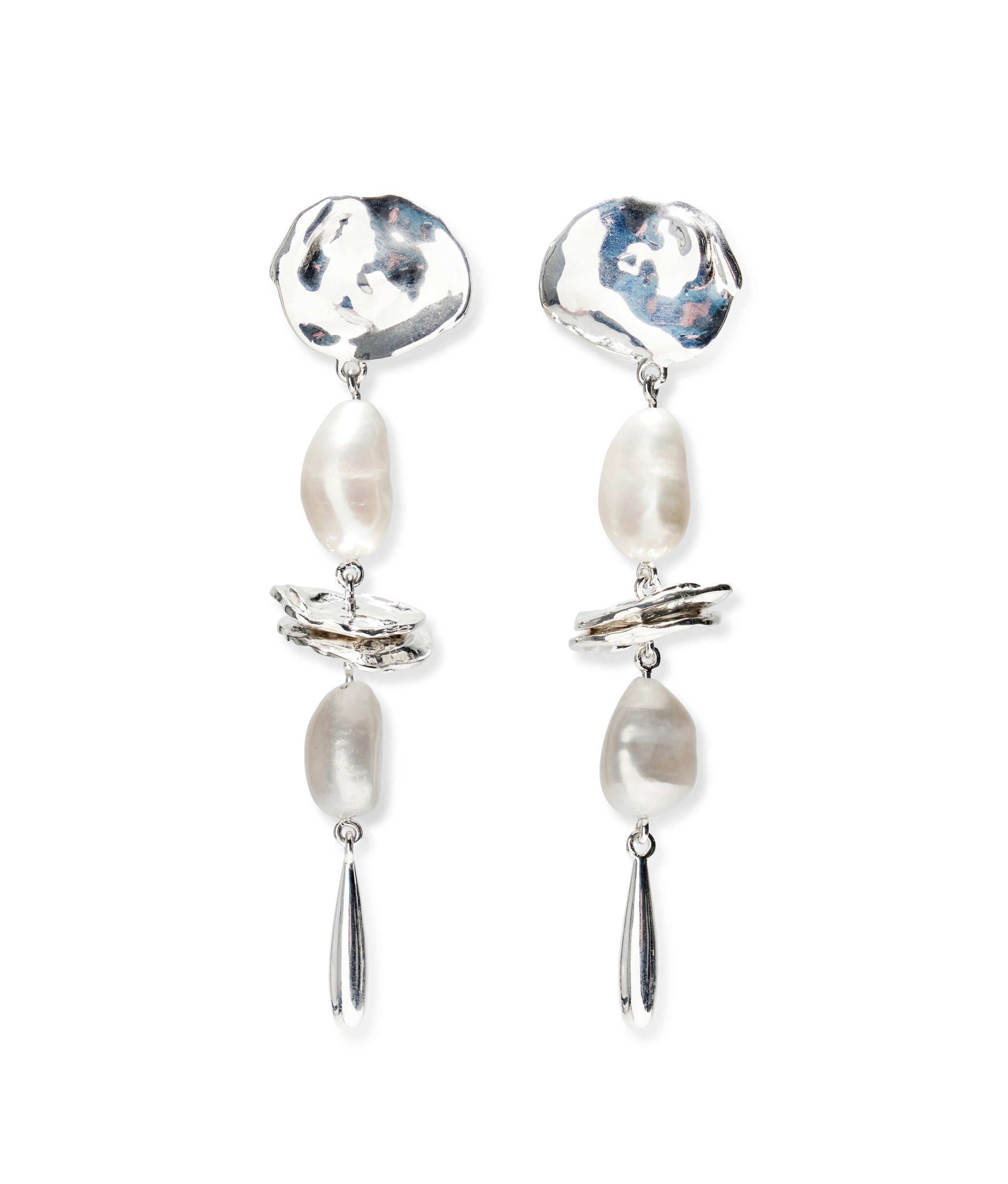 Close-up of Silver Mine Earrings made with linked freshwater pearls and sterling silver "flakes"