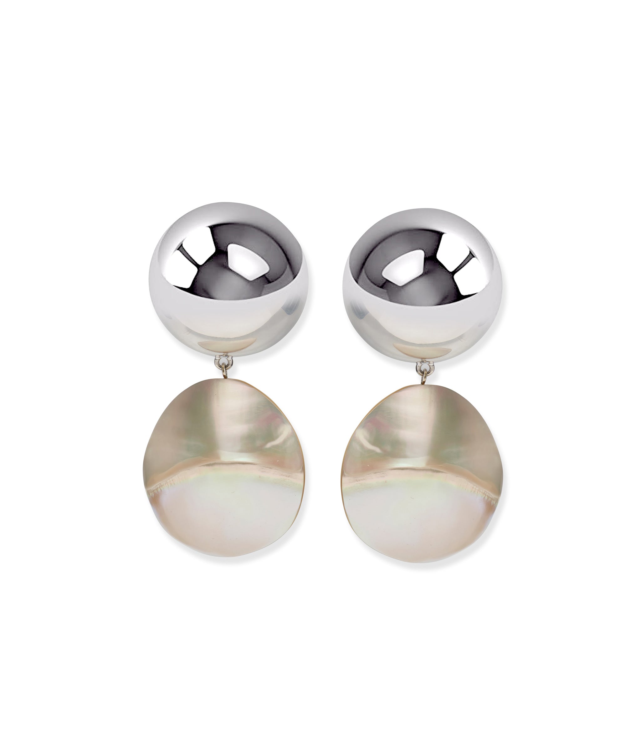 Rodan Pearl Earring In Silver made with oversized silver-plated brass discs and nautilus shell drops. 