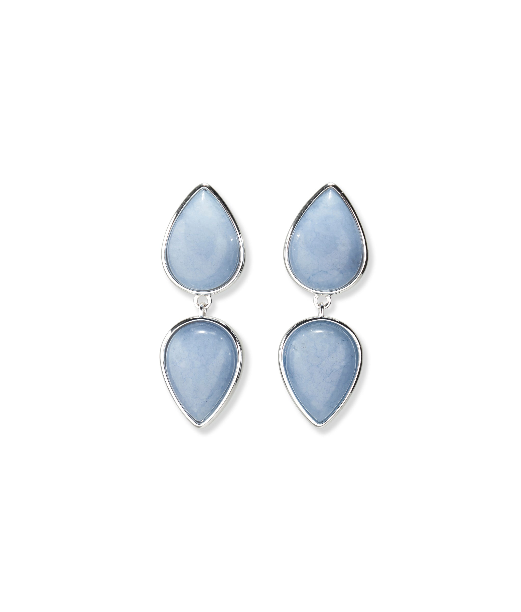 Close-up of cool silver-plated brass earrings, with angelite stone tops and mirror-image drops.