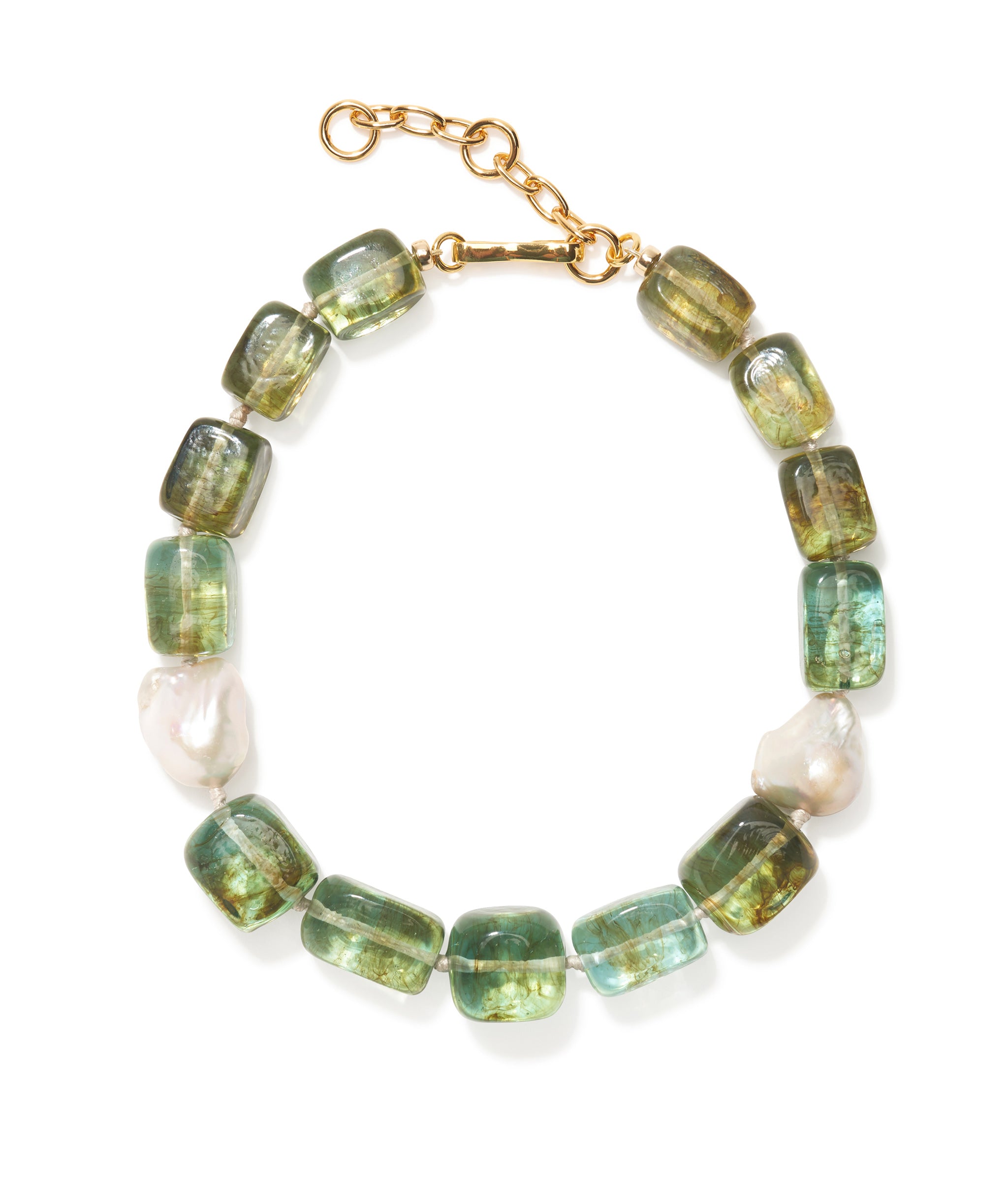 Delphine Collar in sea green flame-worked glass beads finished with large baroque freshwater pearls accents.