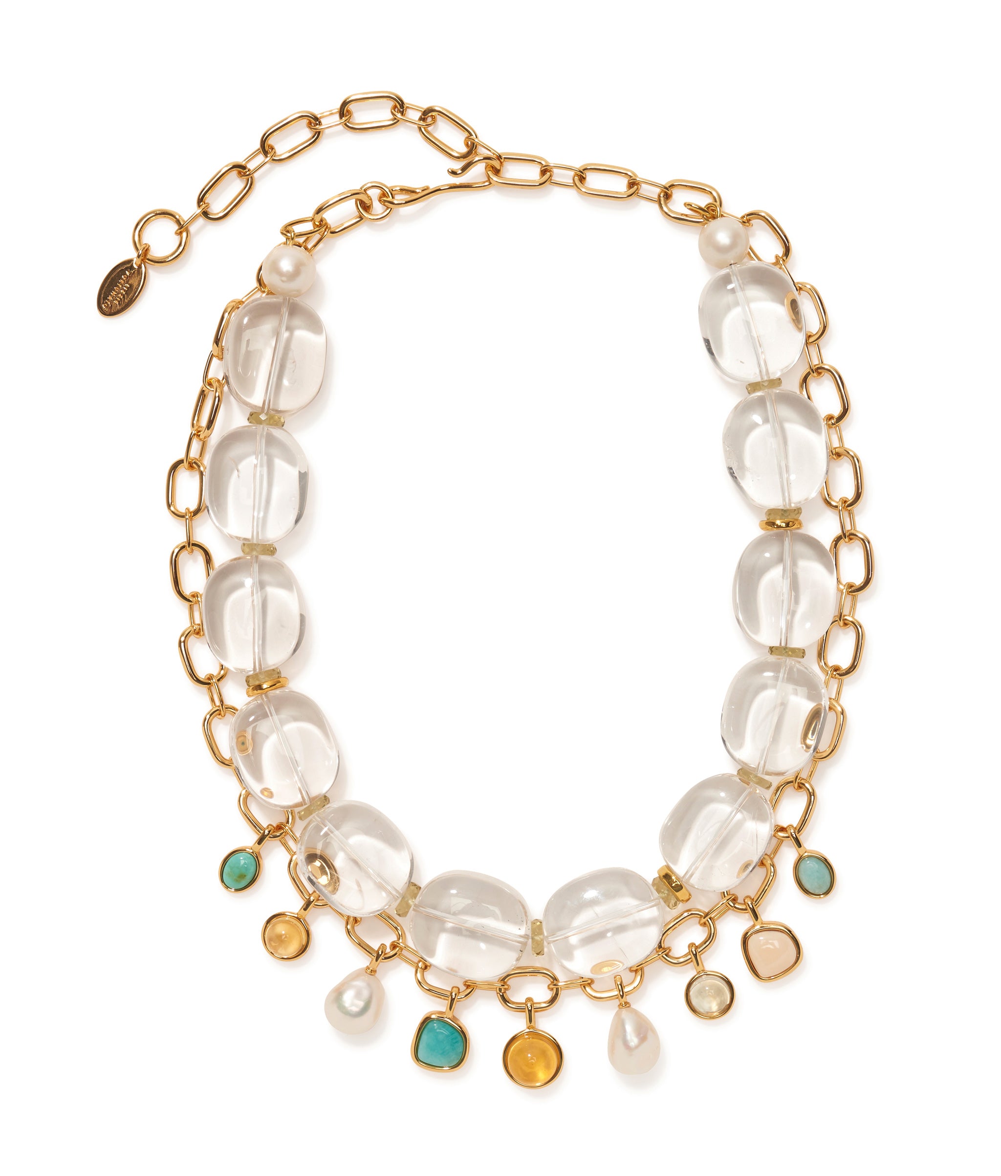 Arabesque Necklace with crystal quartz beads and a gold-plated chain dripping with charms