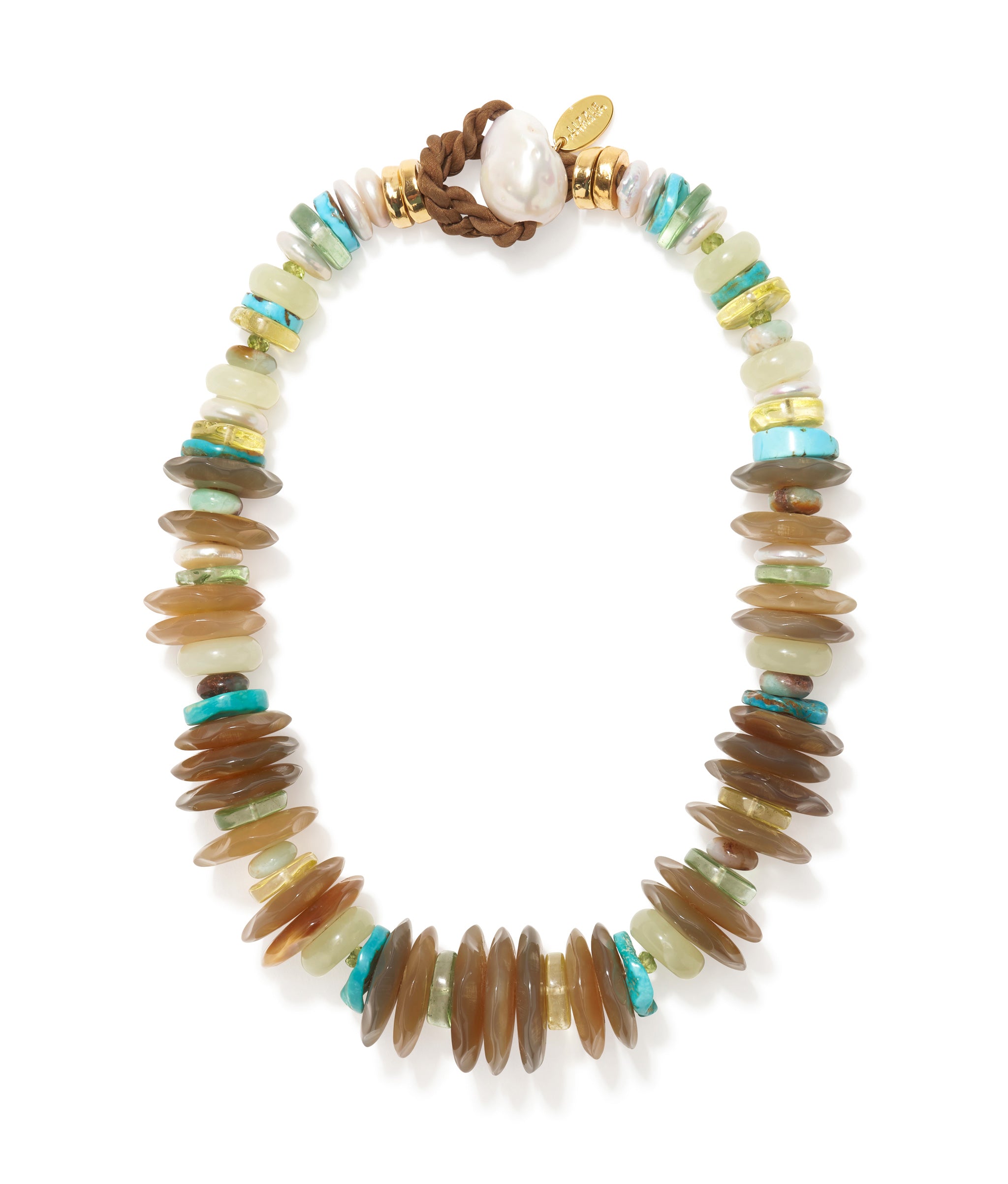 Milano Collar with turquoise accents and freshwater pearl toggle closure.