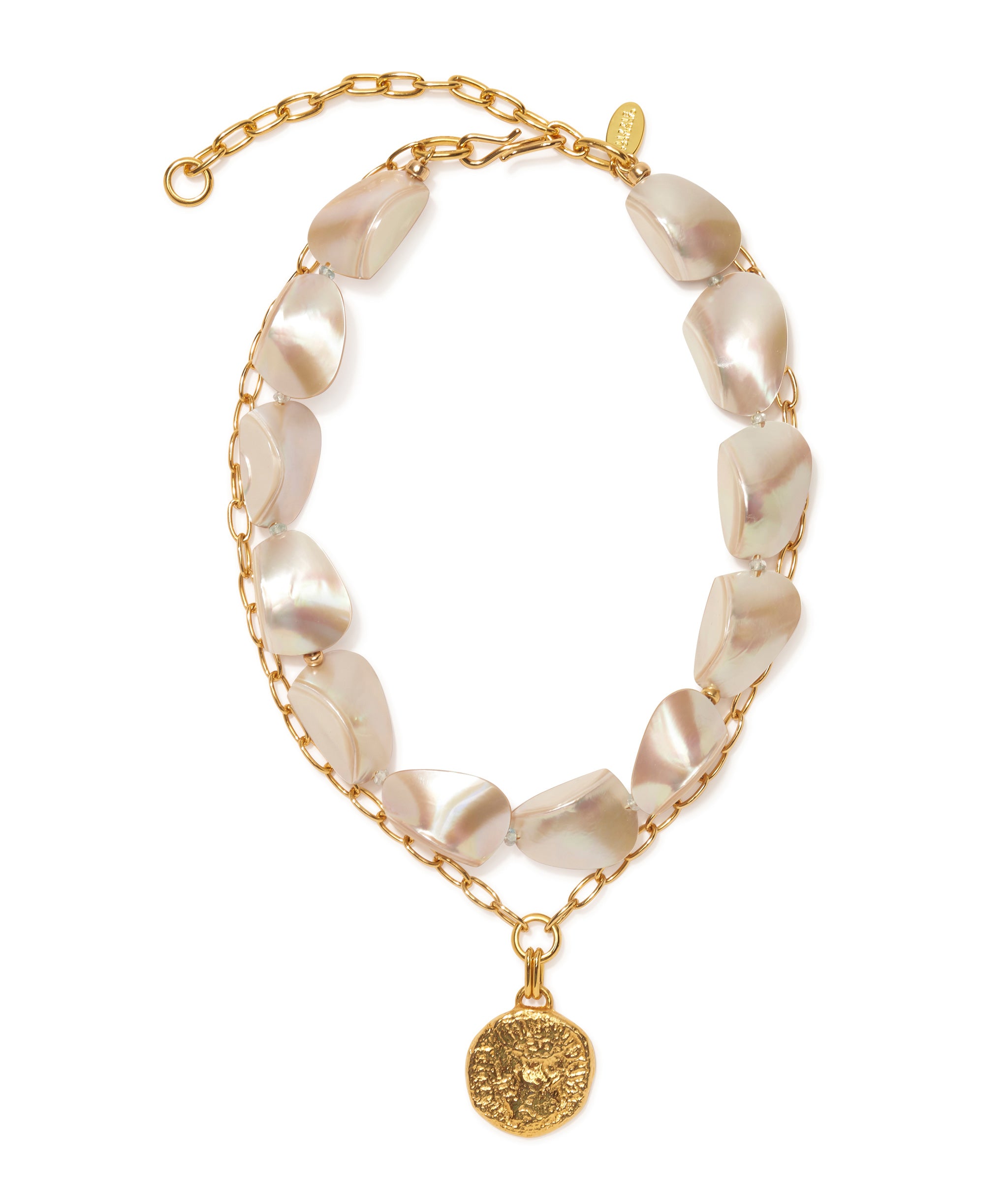 Pas De Deux Necklace featuring a gold-plated brass chain with cast coin pendant and a strand of luminous nautilus shells.