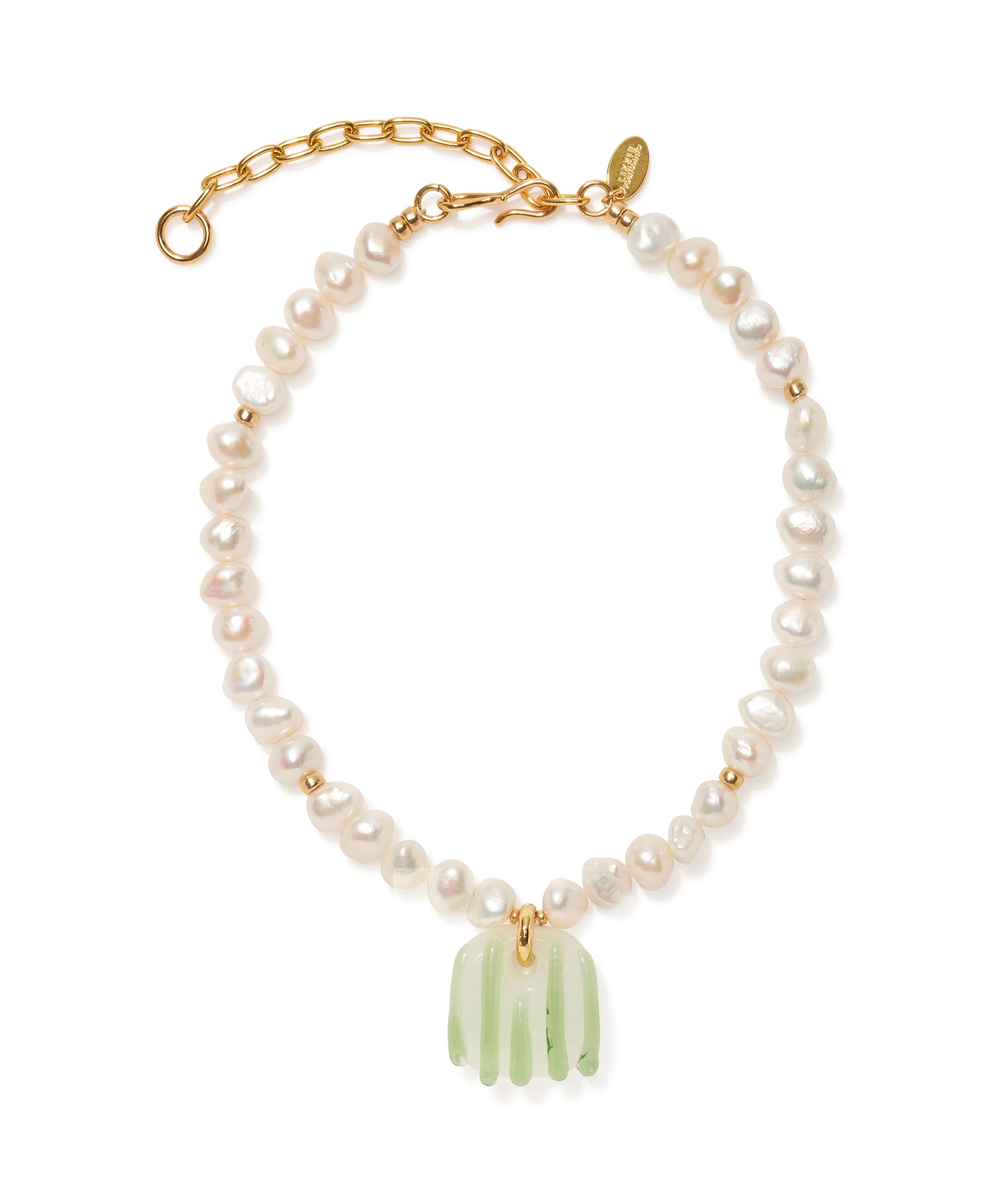 Marine Glass Necklace made with sweet freshwater pearl and gold-plated accents.