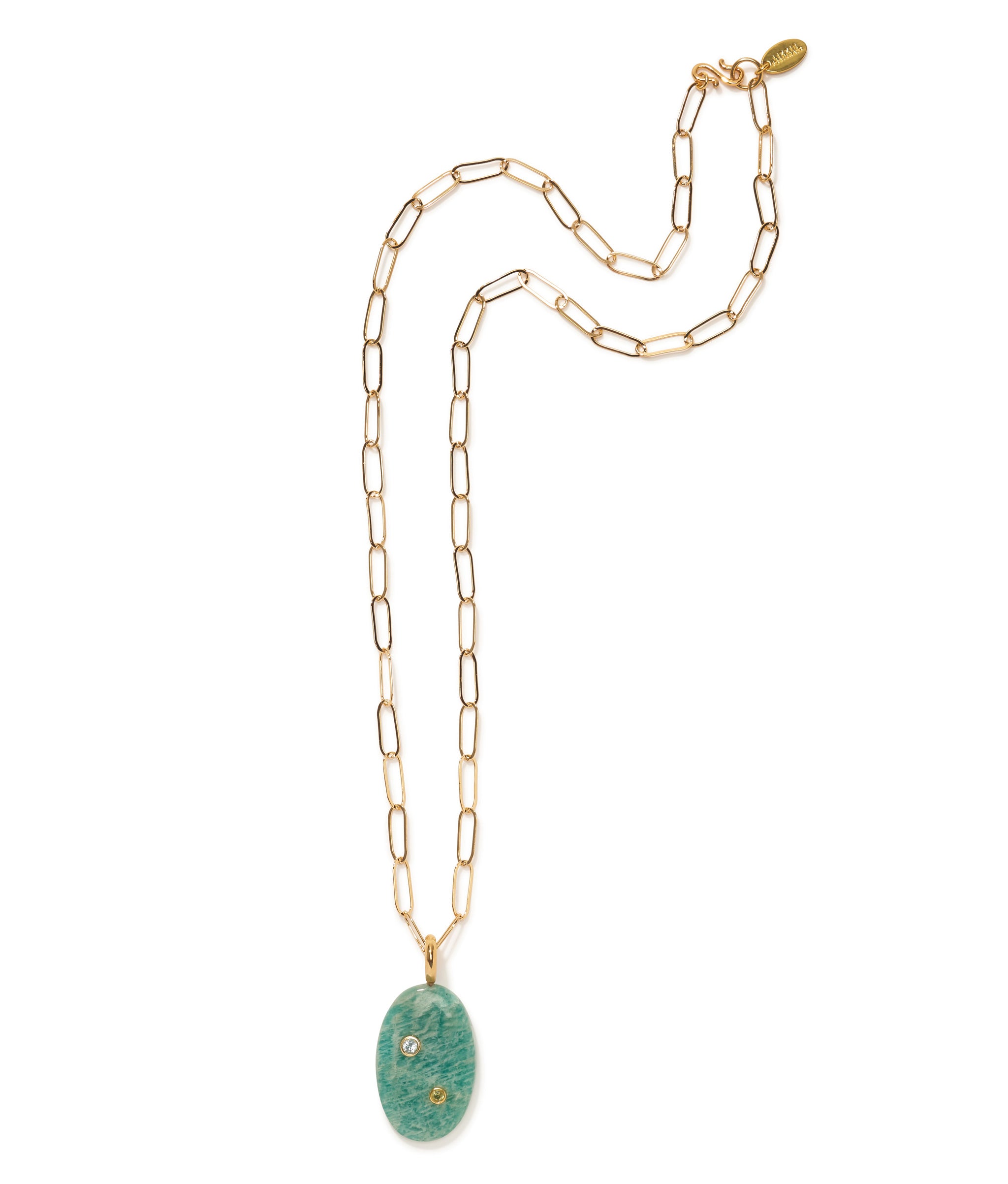 Isadora Pendant Necklace featuring a large amazonite pendant inlaid with sky blue topaz and peridot semiprecious stones.