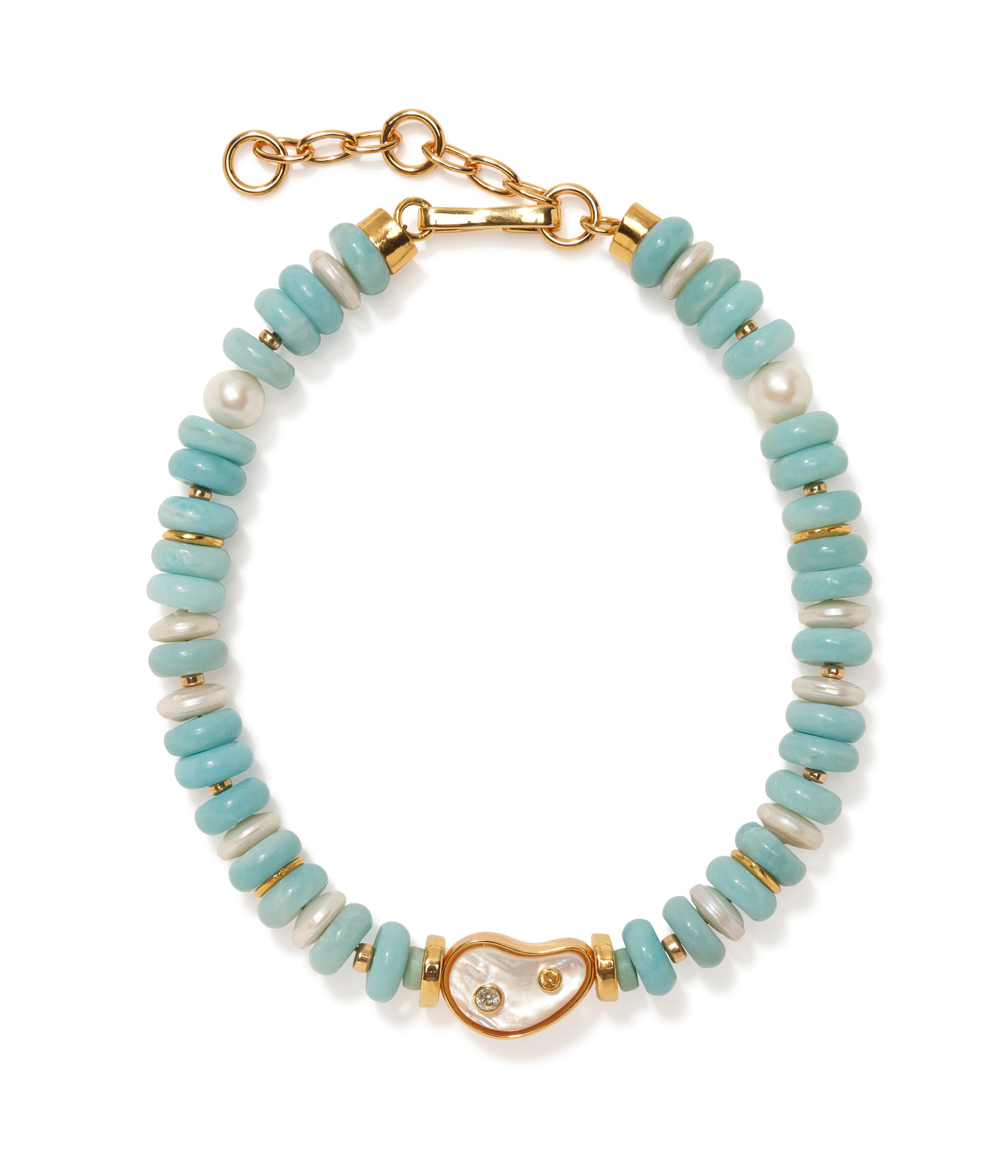 Goddess Collar In Pearl Lagoon with semiprecious sky blue topaz and lemon quartz stones.