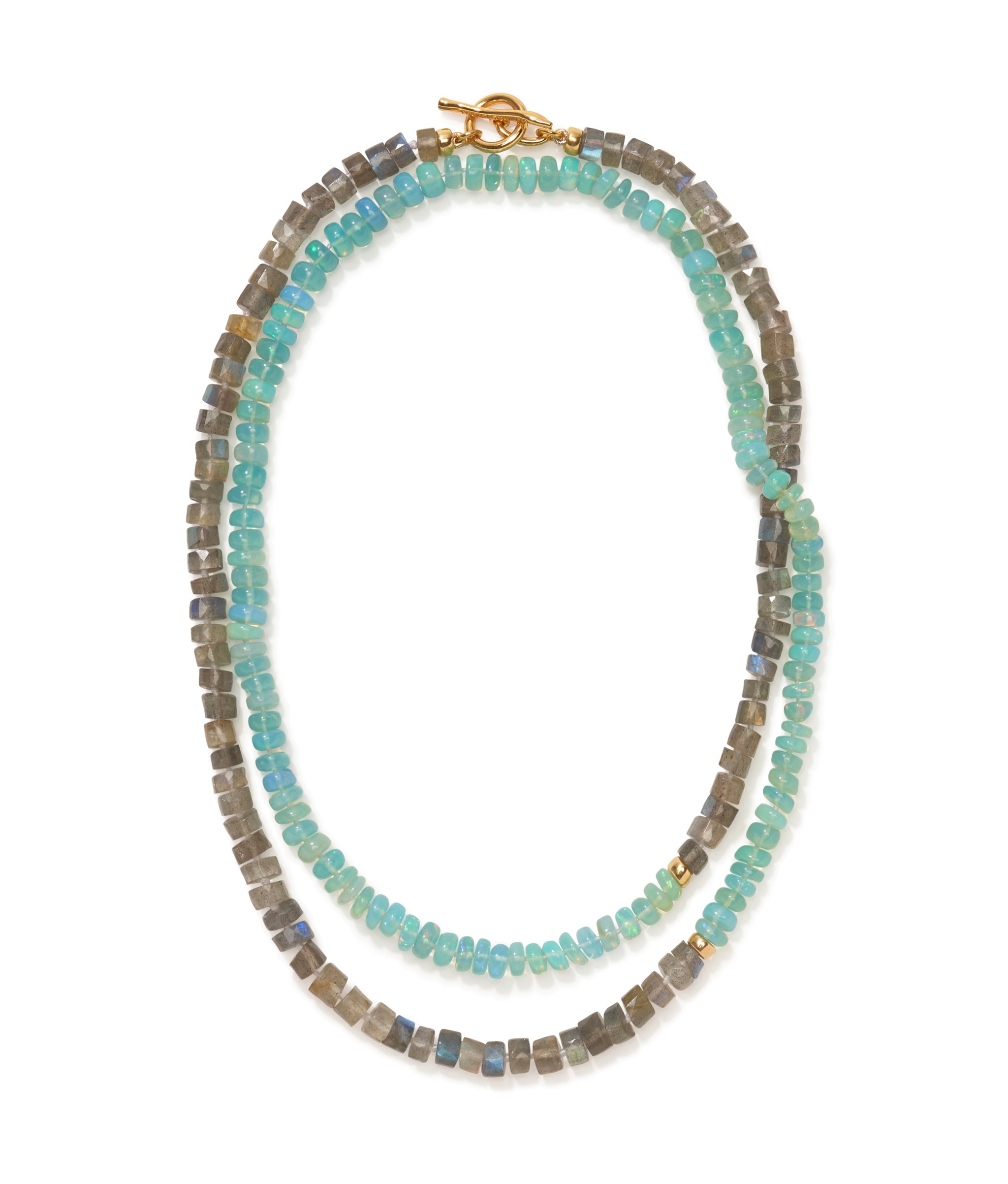 Sea grass necklace in semiprecious labradorite and heat-treated Ethiopan blue opal in a white background.