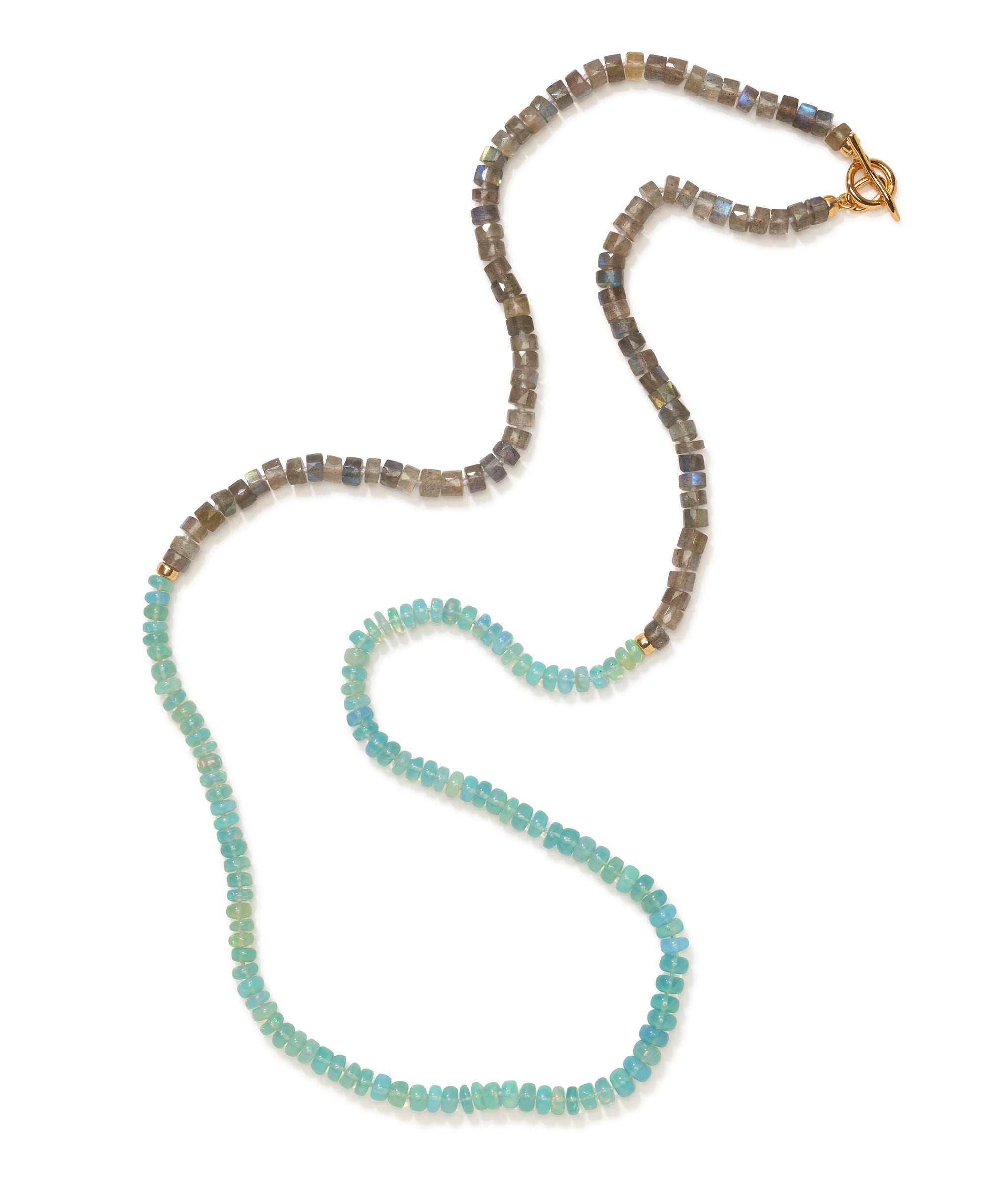 Sea grass necklace in semiprecious labradorite and heat-treated Ethiopan blue opal in a white background.