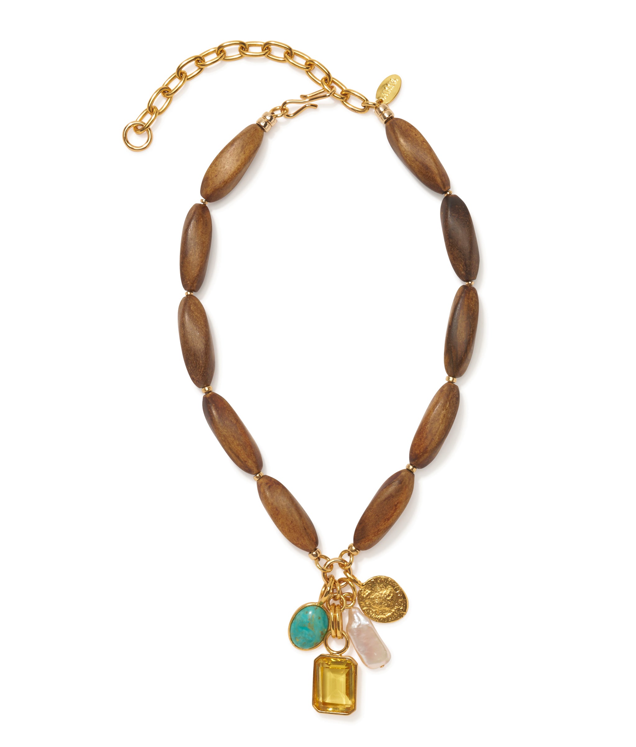 Marilla Necklace in wood tube beads, assorted turquoise, peridot glass, freshwater pearl, and gold coin hanging charms.