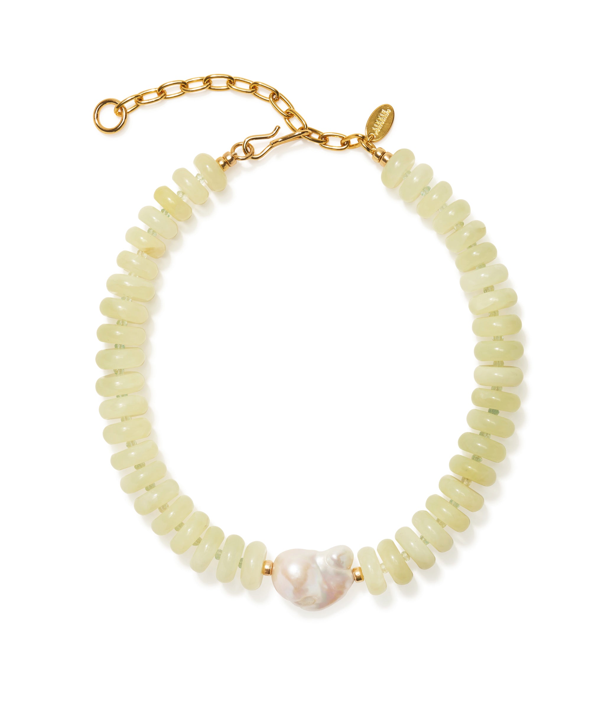 Provence Necklace in Serpentine with large baroque pearl focal bead in a white background.