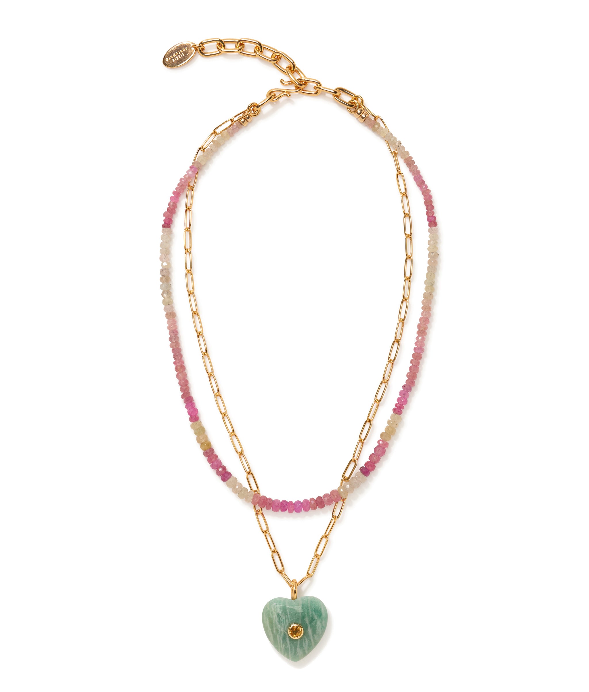 Lamai Heart Necklace In Berry with hanging amazonite heart, inset with faceted semiprecious citrine.