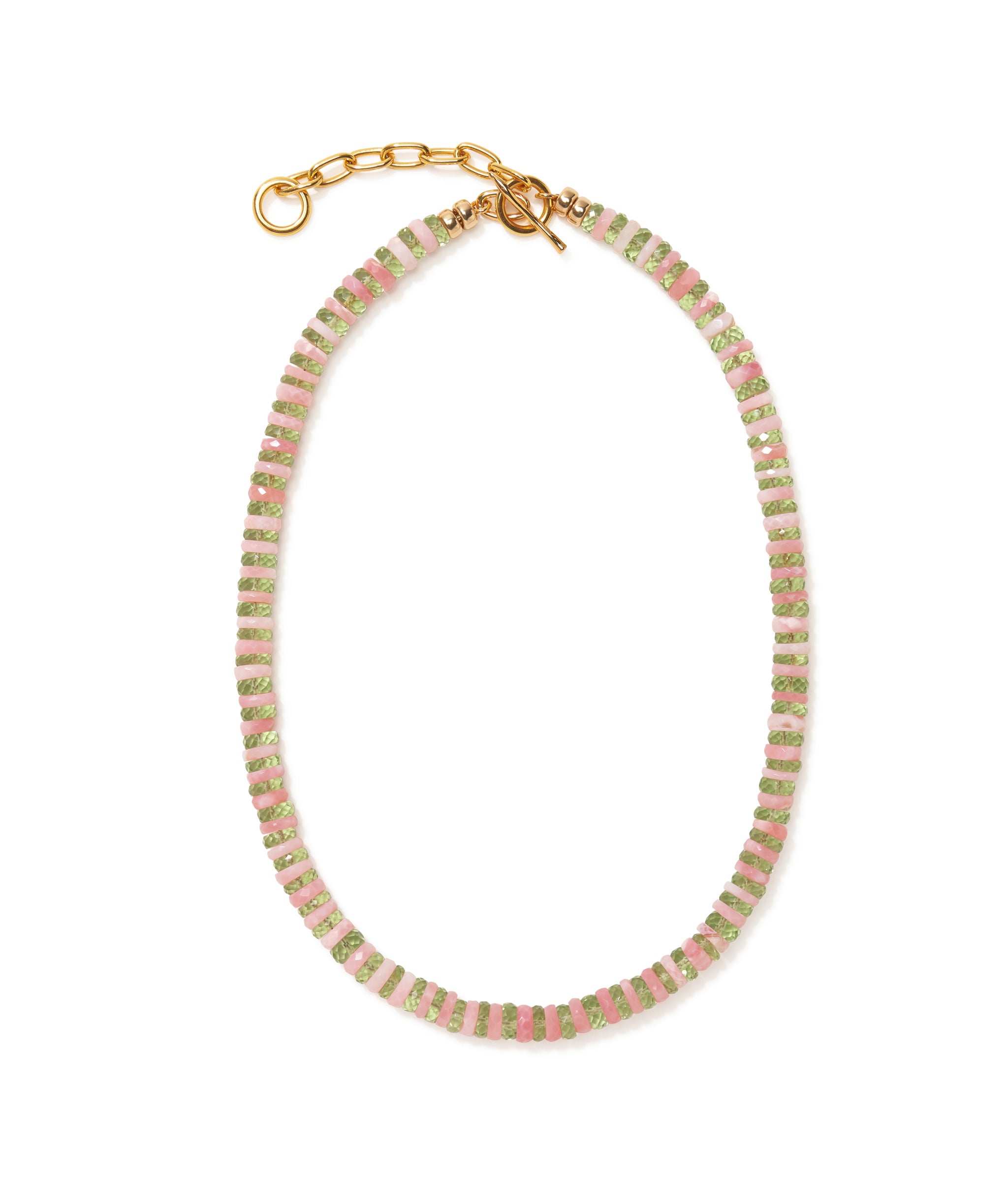 Santo Necklace In Petal features a pastel-pretty combo of pink opal and green hydroquartz beads.