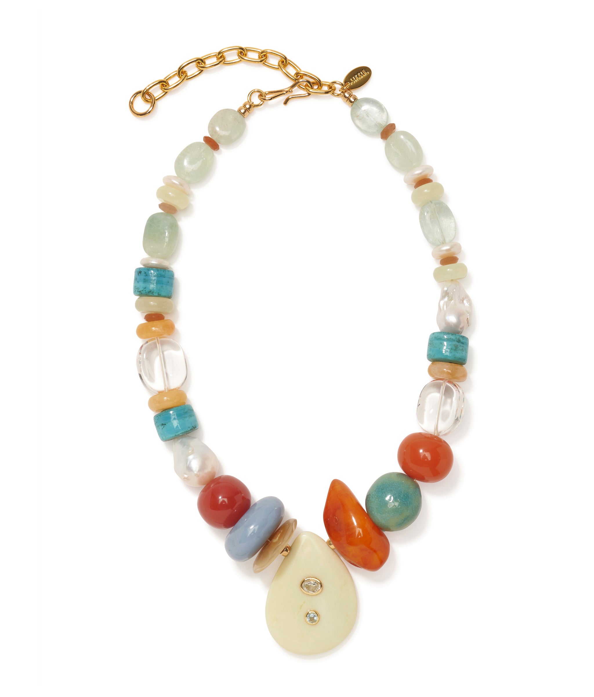 Artifact Necklace with serpentine stone teardrop pendant inlaid with semiprecious green amethyst and sky blue topaz