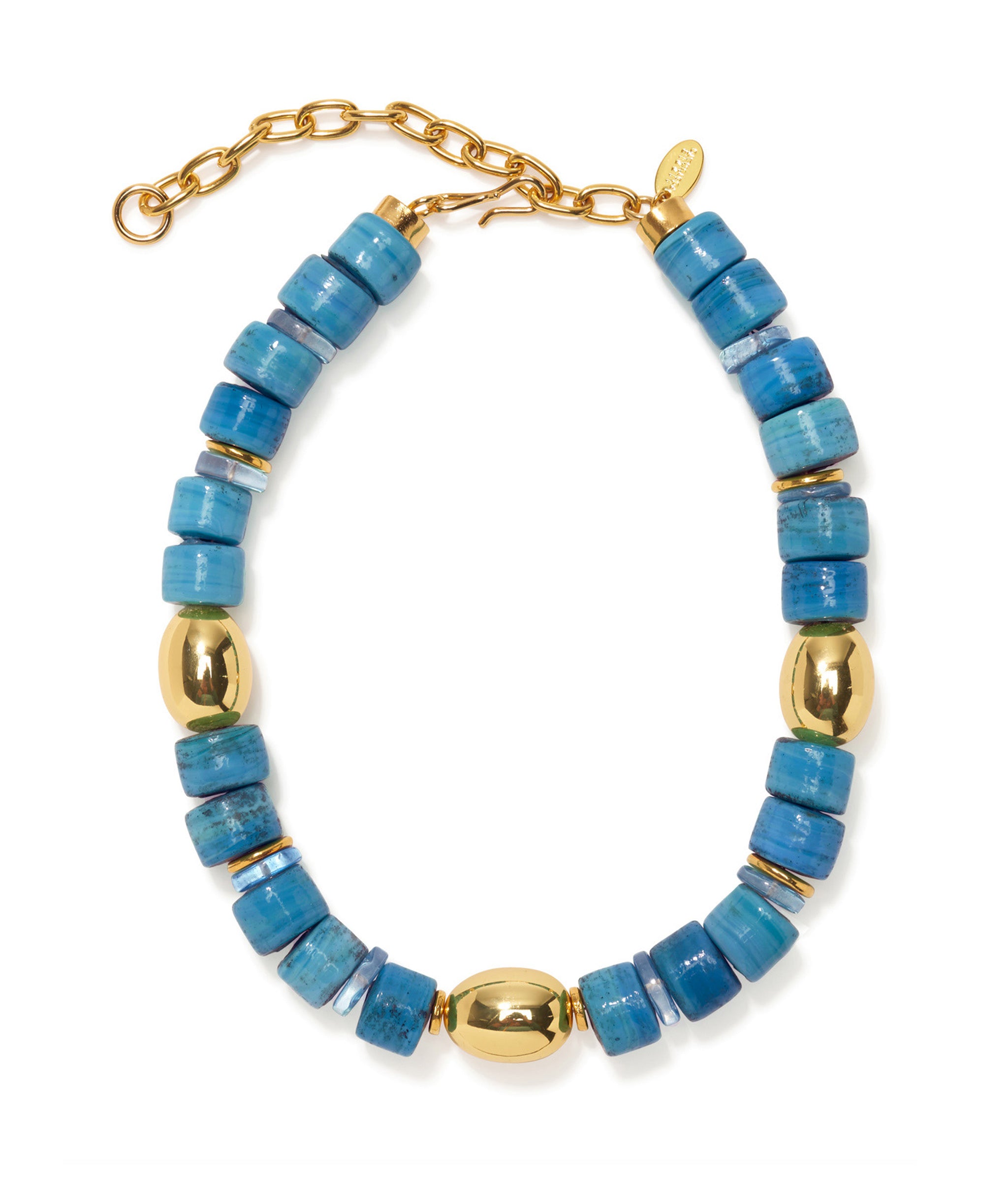 Beaded Varuna Collar made of blue-green glass and quartz, with gold plated oval accents.