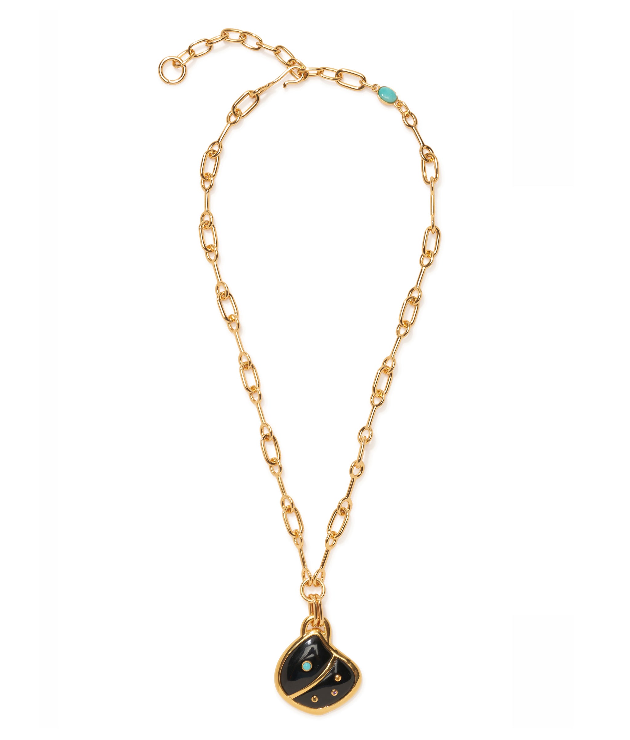 Agate Shell Pendant Necklace in old-plated chain necklace with bisected black agate pendant