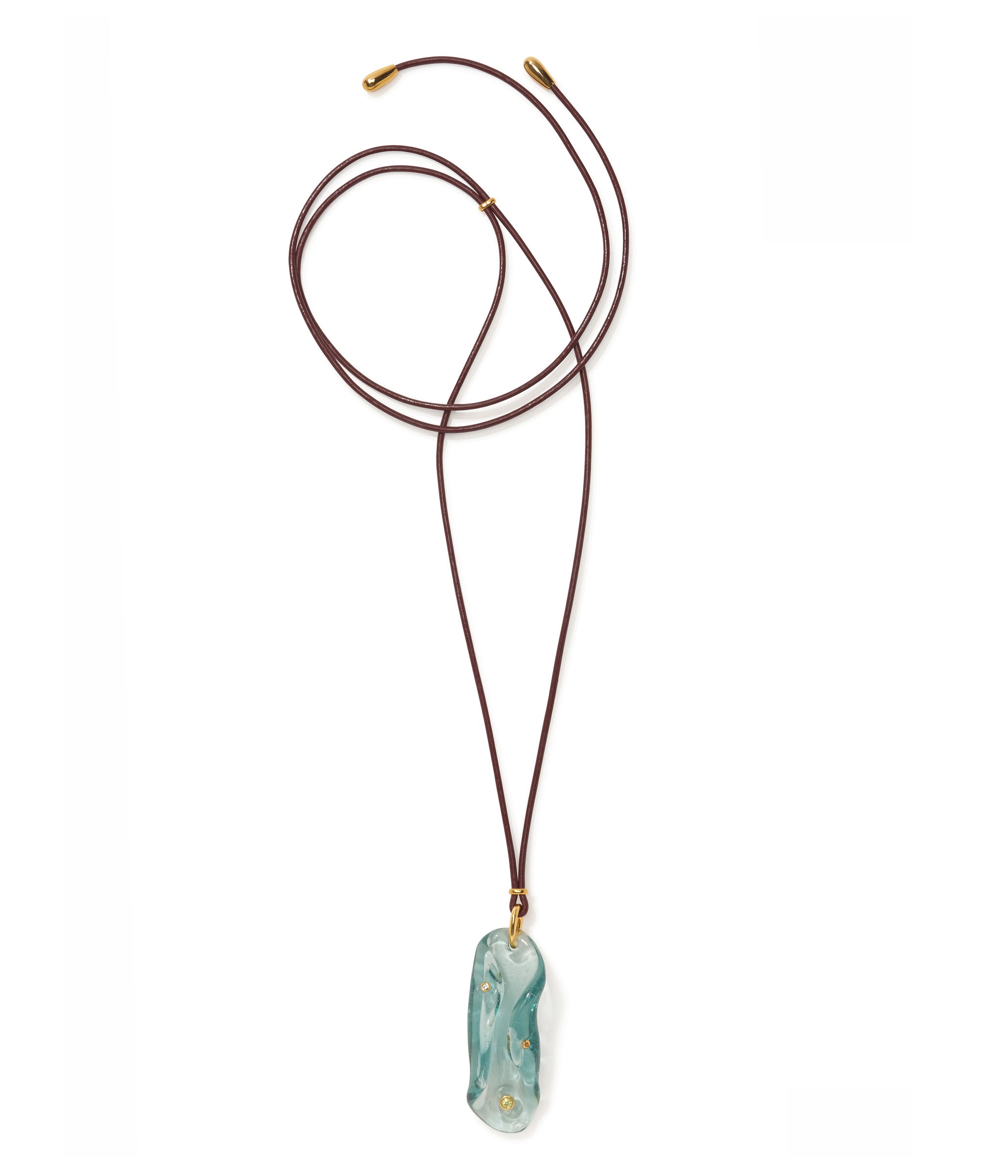 Vetri Cord Necklace flame-worked aqua glass "shape of water" pendant inlaid with semiprecious peridot