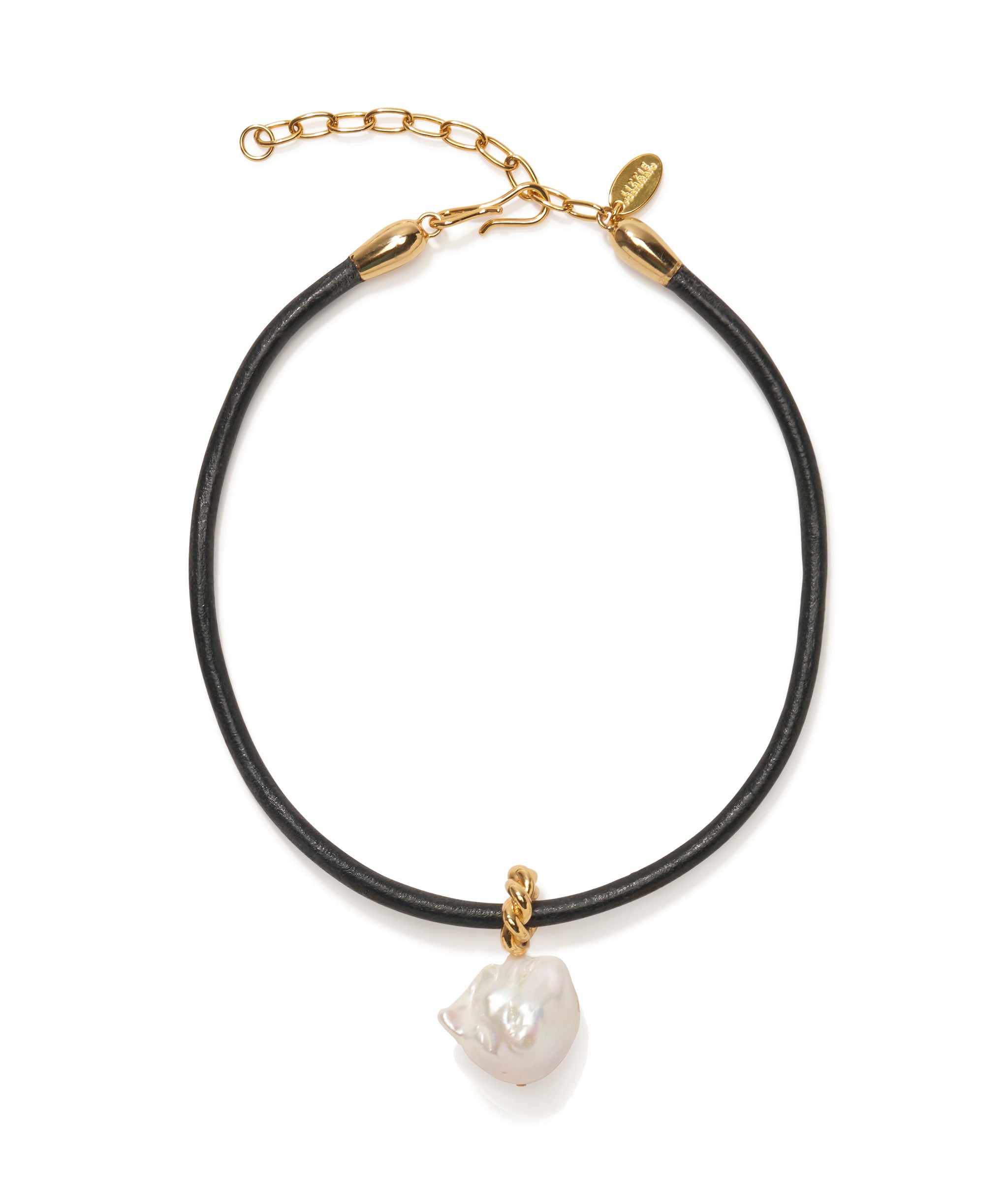 Black leather cord Esme Collar with a large baroque freshwater pearl pendant.