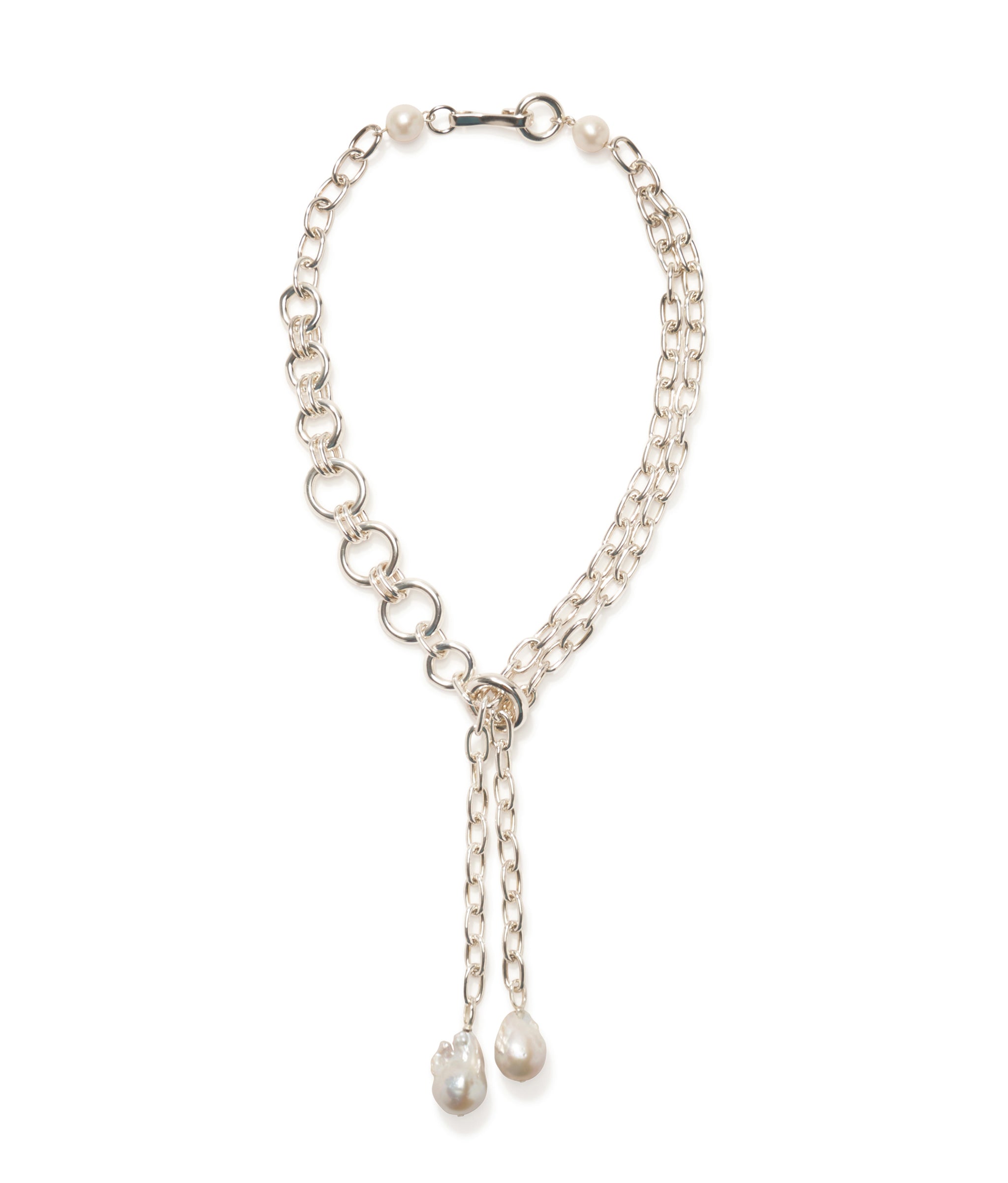 Edith Lariat In Silver with silver-plated large-link lariat necklace and oversized freshwater baroque pearls