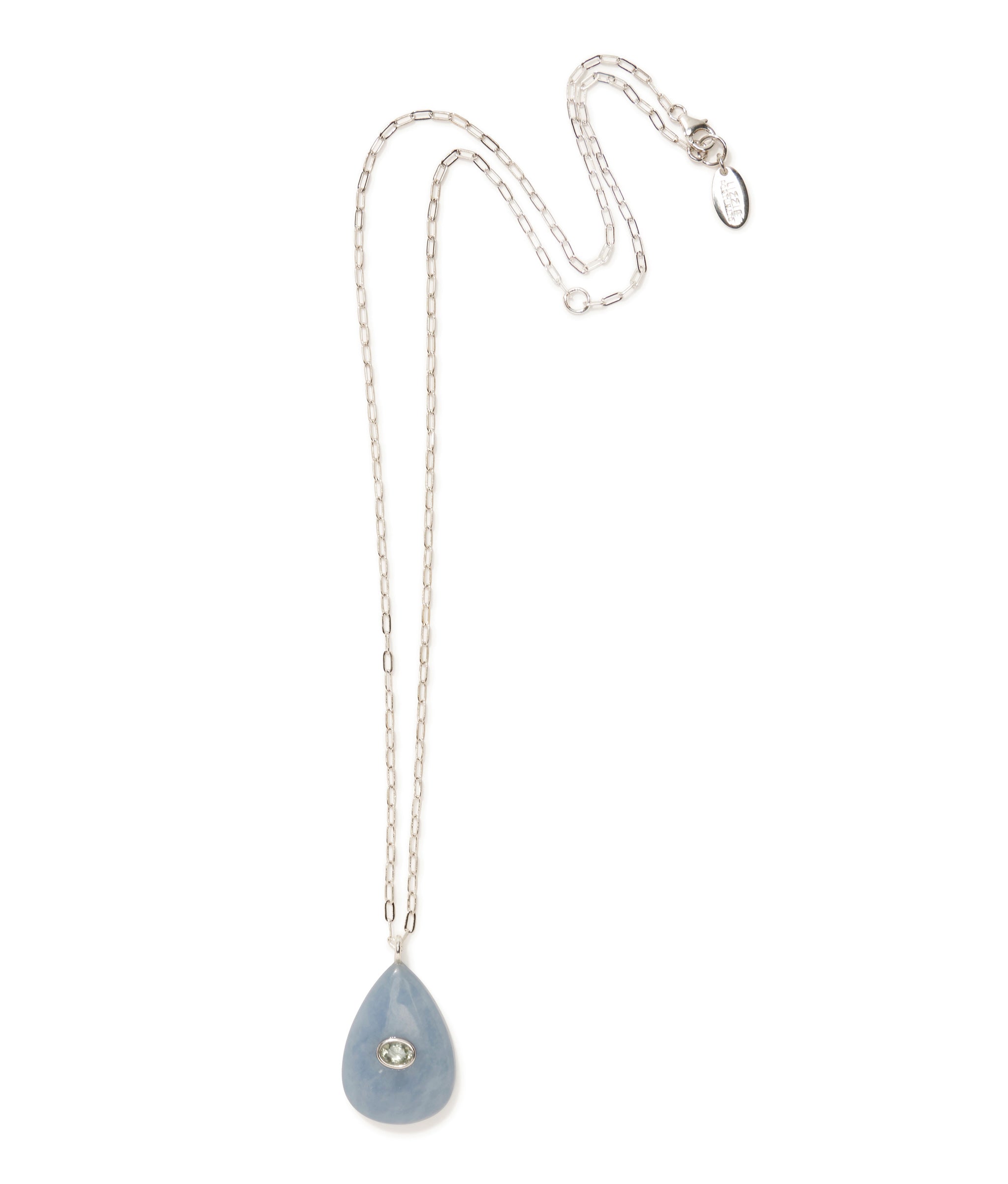 Avalon Necklace with angelite teardrop pendant, inlaid with semiprecious green amethyst stone.