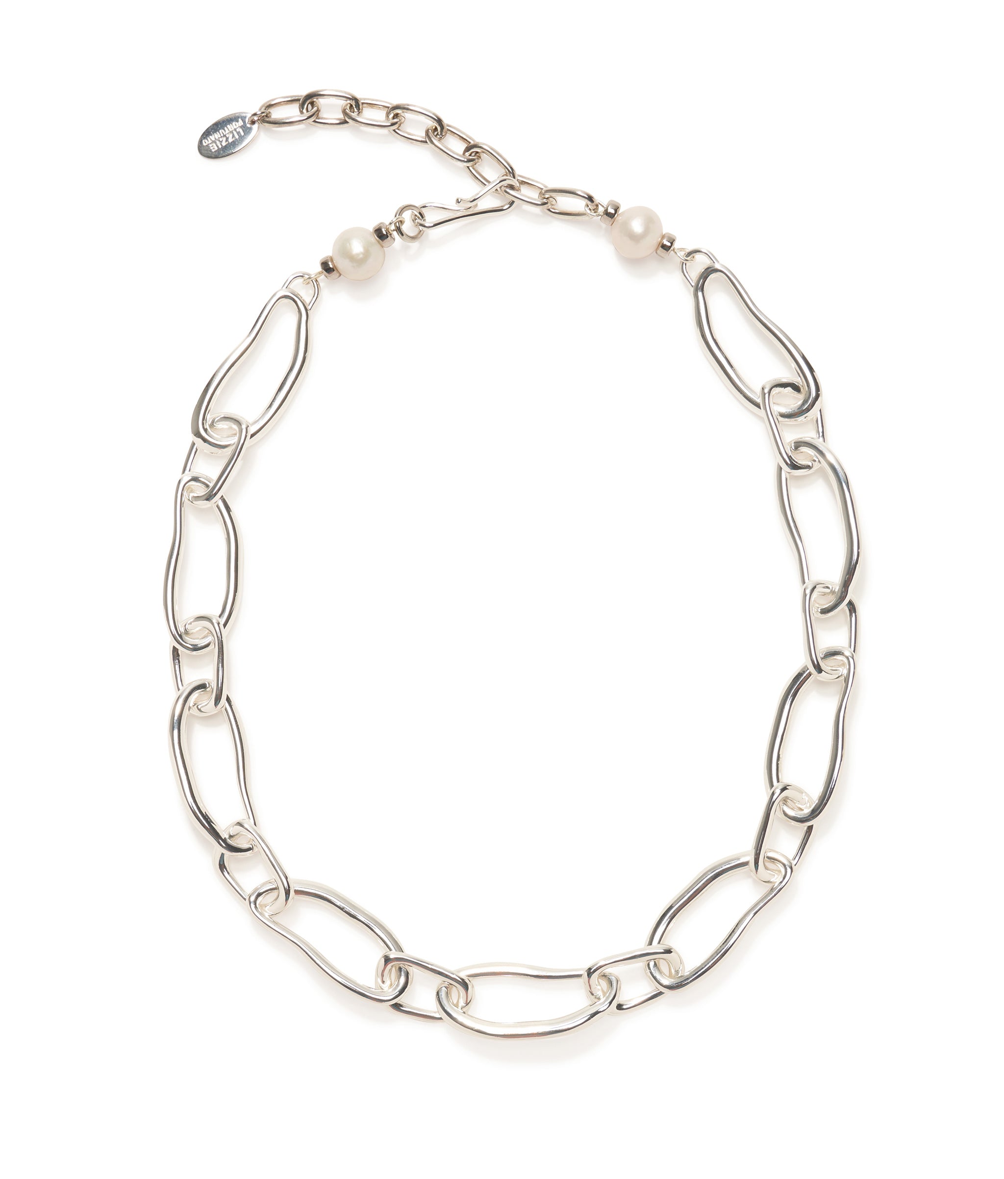 Collage Chain Necklace in Silver- silver-plated brass abstract chain necklace with freshwater pearl details at closure