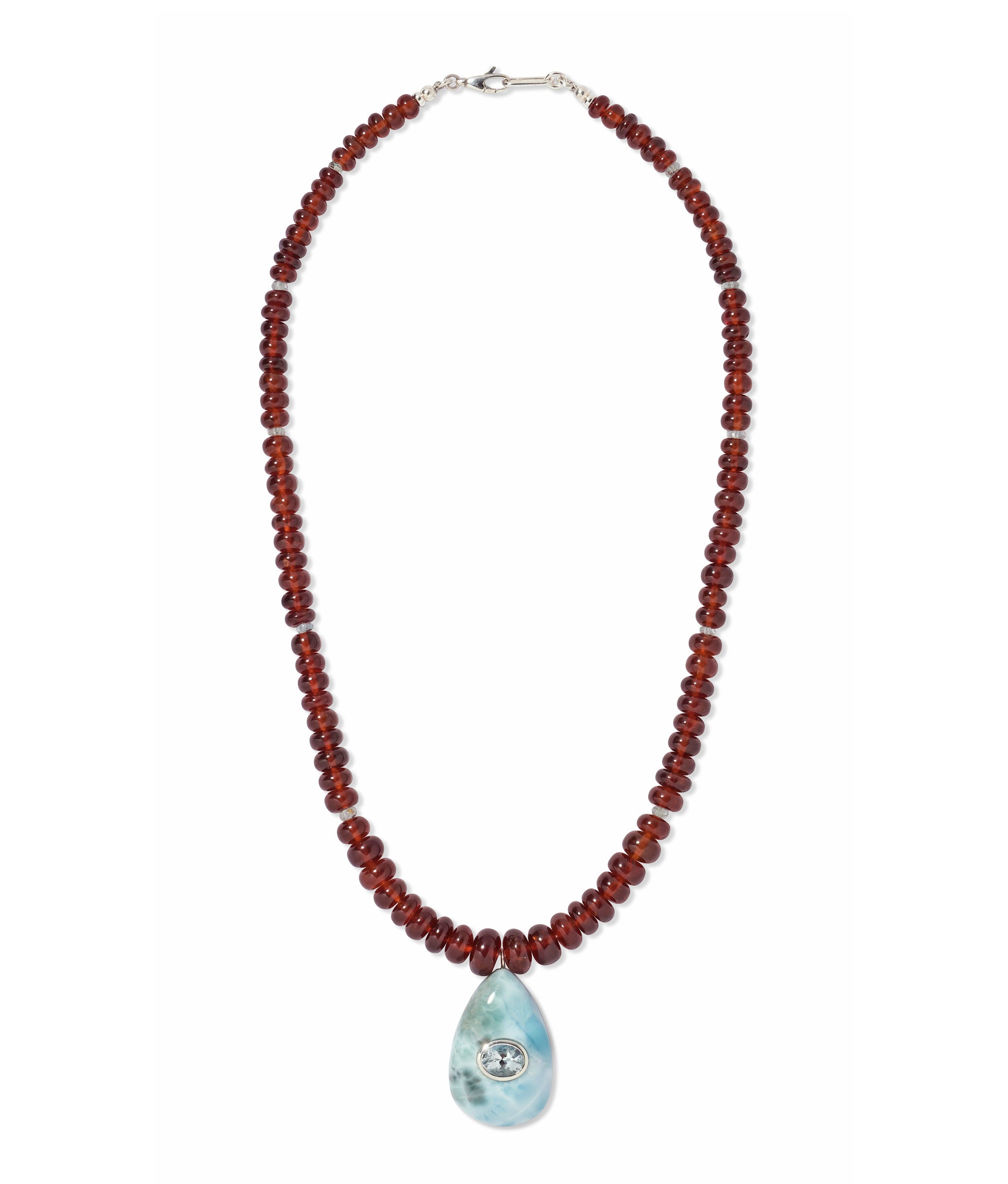 Pear-shaped larimar stone pendant strung onto hessonite garnet beads with aquamarine accents and silver lobster closure.