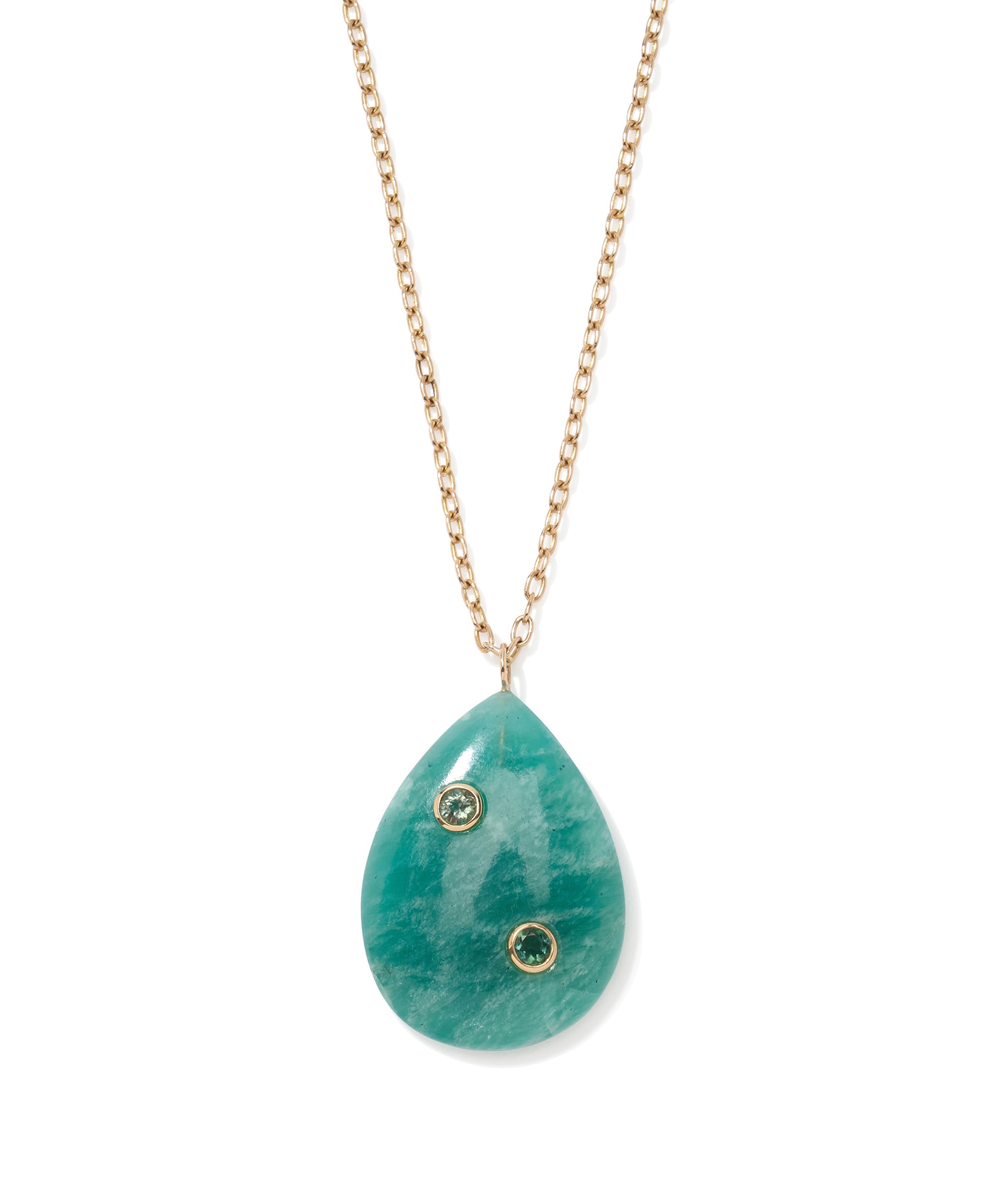 Close- up of  pear-shaped amazonite pendant.