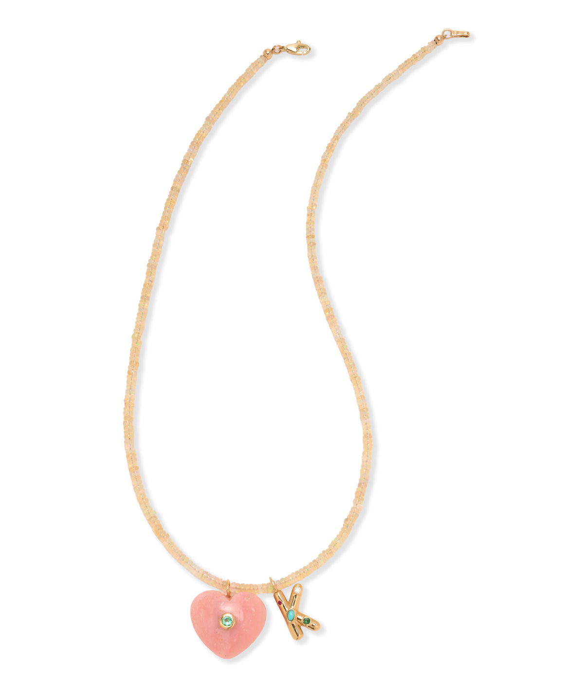 Pink Opal Heart & Emerald 14k Gold Necklace Charm