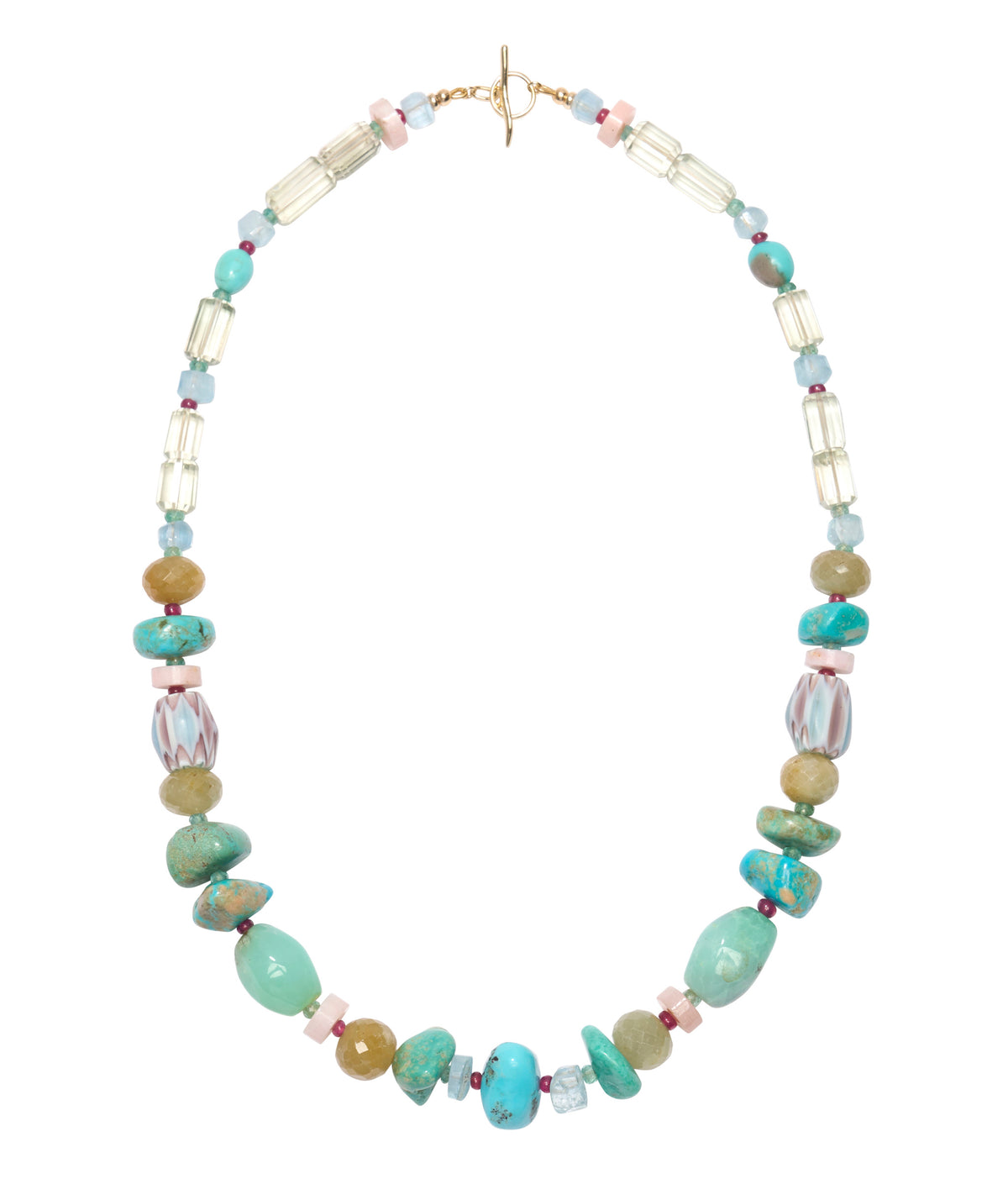 Mixed Turquoise, Chrysoprase, Antique Venetian Glass Bead & Semiprecious Stone 14k Gold Necklace