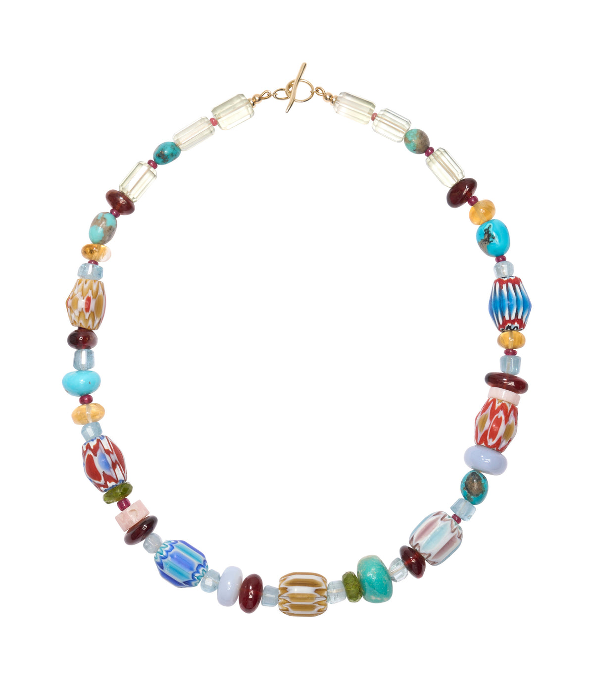 Antique Venetian Glass Bead & Semiprecious Stone 14k Gold Necklace