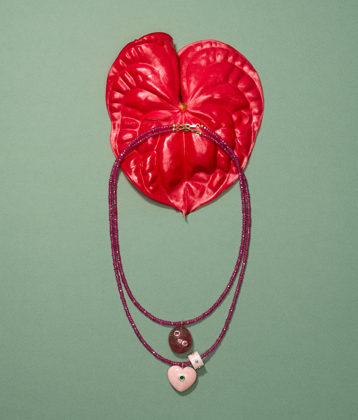 Strawberry Quartz Oval & Pink Rhodolite 14k Gold Necklace Charm
