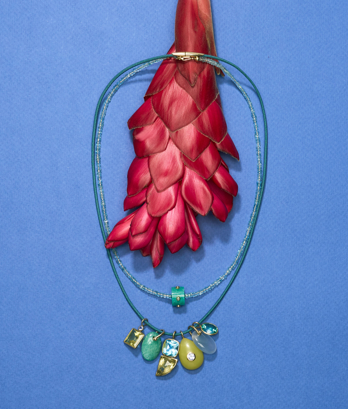 Lime Serpentine & Tanzanite 14k Gold Necklace Charm