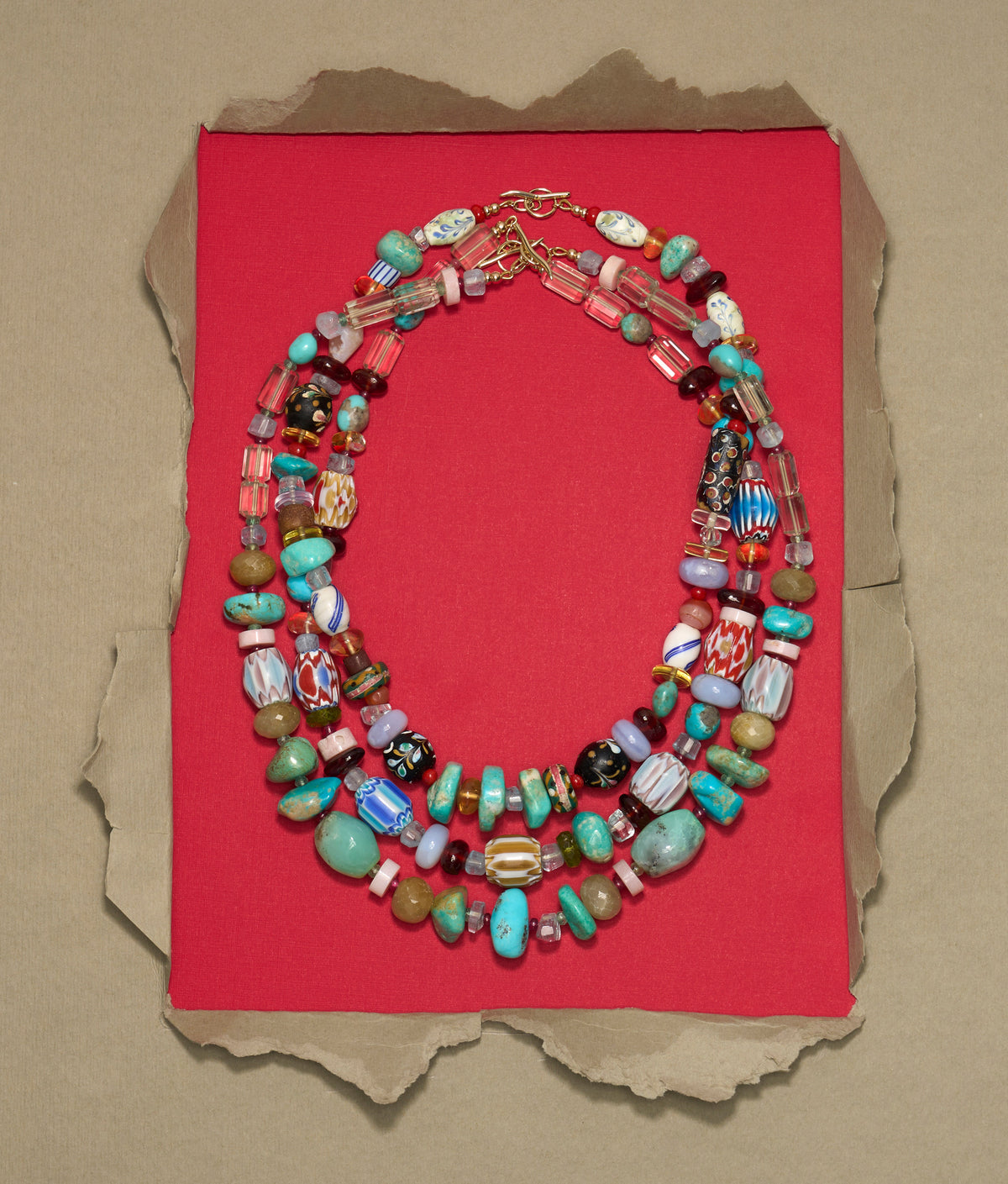 Mixed Turquoise, Chrysoprase, Antique Venetian Glass Bead & Semiprecious Stone 14k Gold Necklace