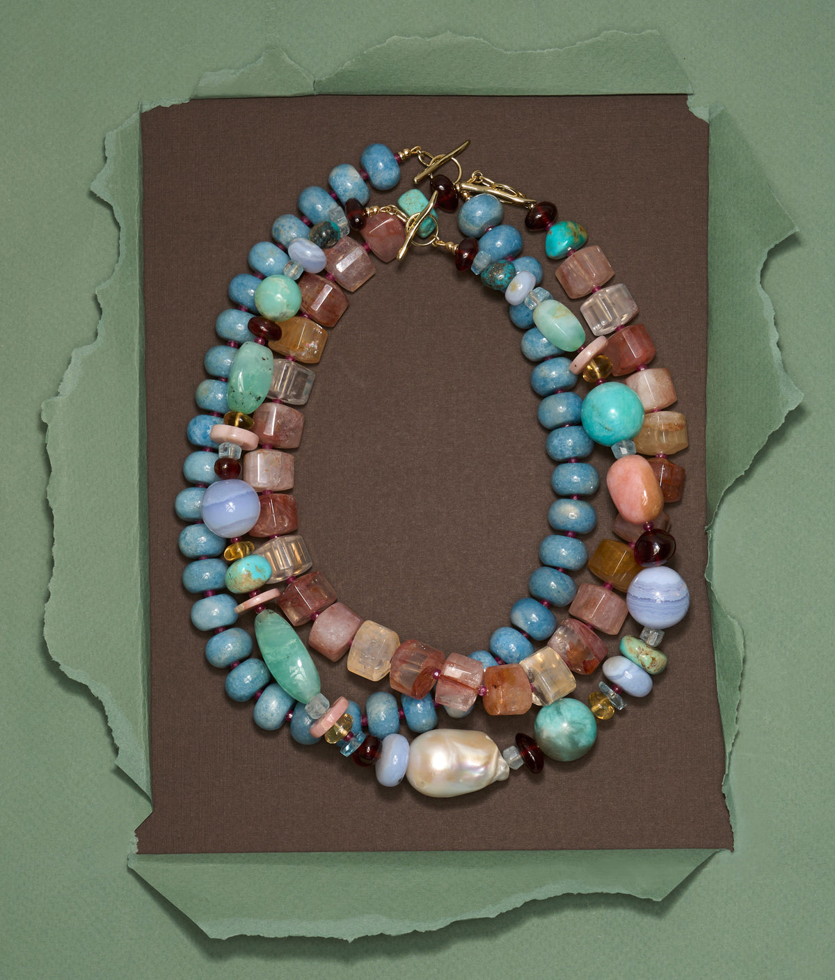 Mixed Chrysoprase, Blue Lace Agate, Freshwater Pearl & Semiprecious Stone 14k Gold Necklace