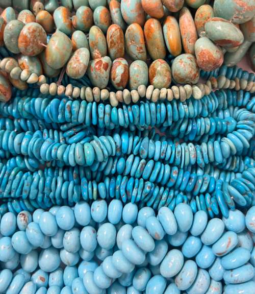 We use both non-stabilized and stabilized turquoise pendants, cabochons, and beads in our designs. The beads come from mines in Mexico and the American Southwest, and include strands from the now shuttered Sleeping Beauty mine, which yields rich, saturated blue turquoise.