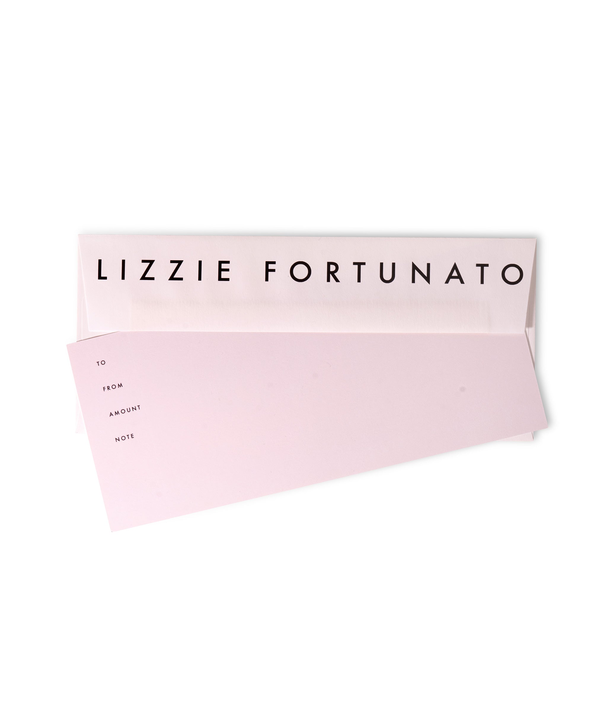 Gift Card. White Lizzie Fortunato envelope with light pink rectangular gift card.
