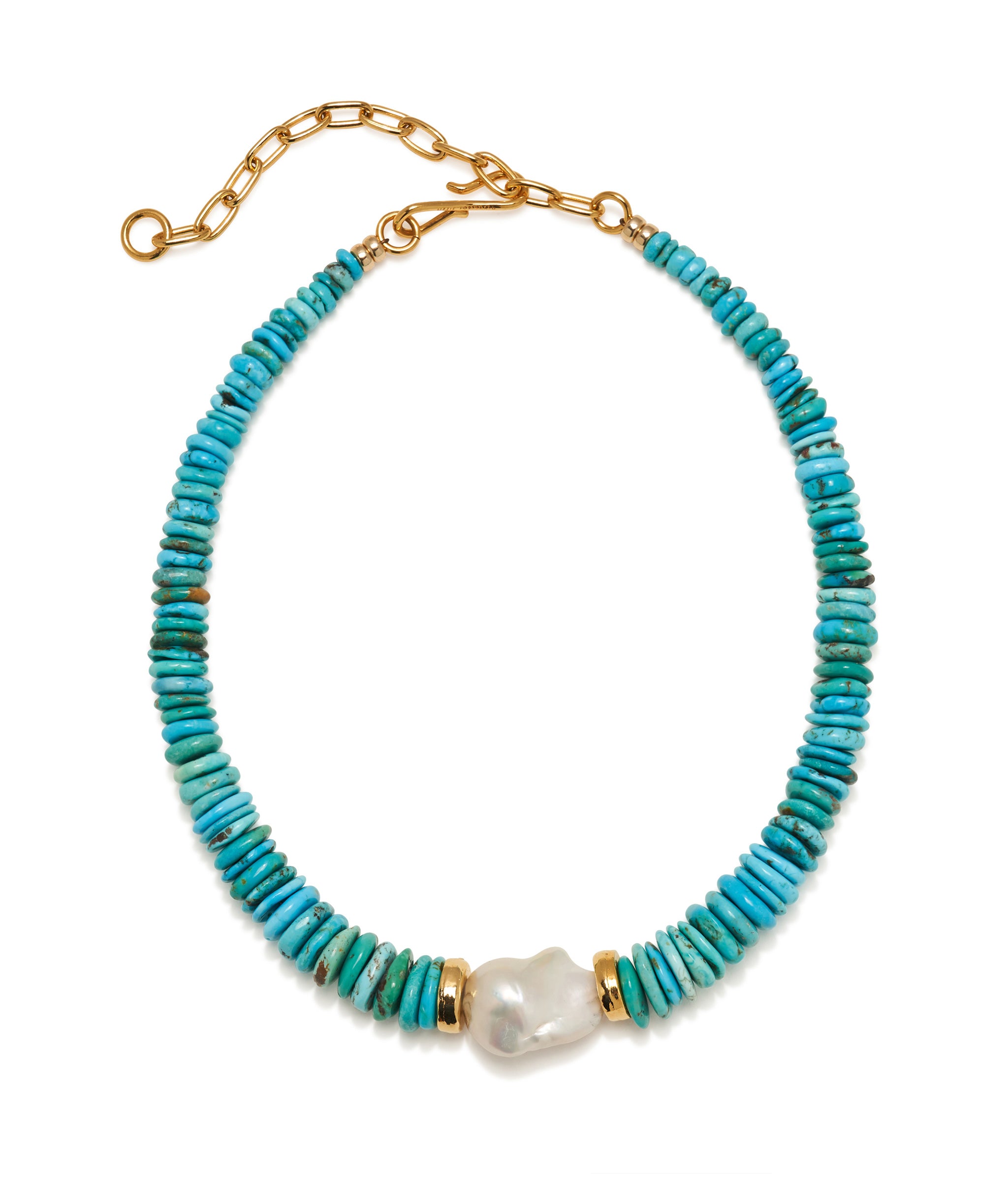 Sky Stone Necklace. Beaded necklace with natural turquoise and large baroque freshwater pearl.