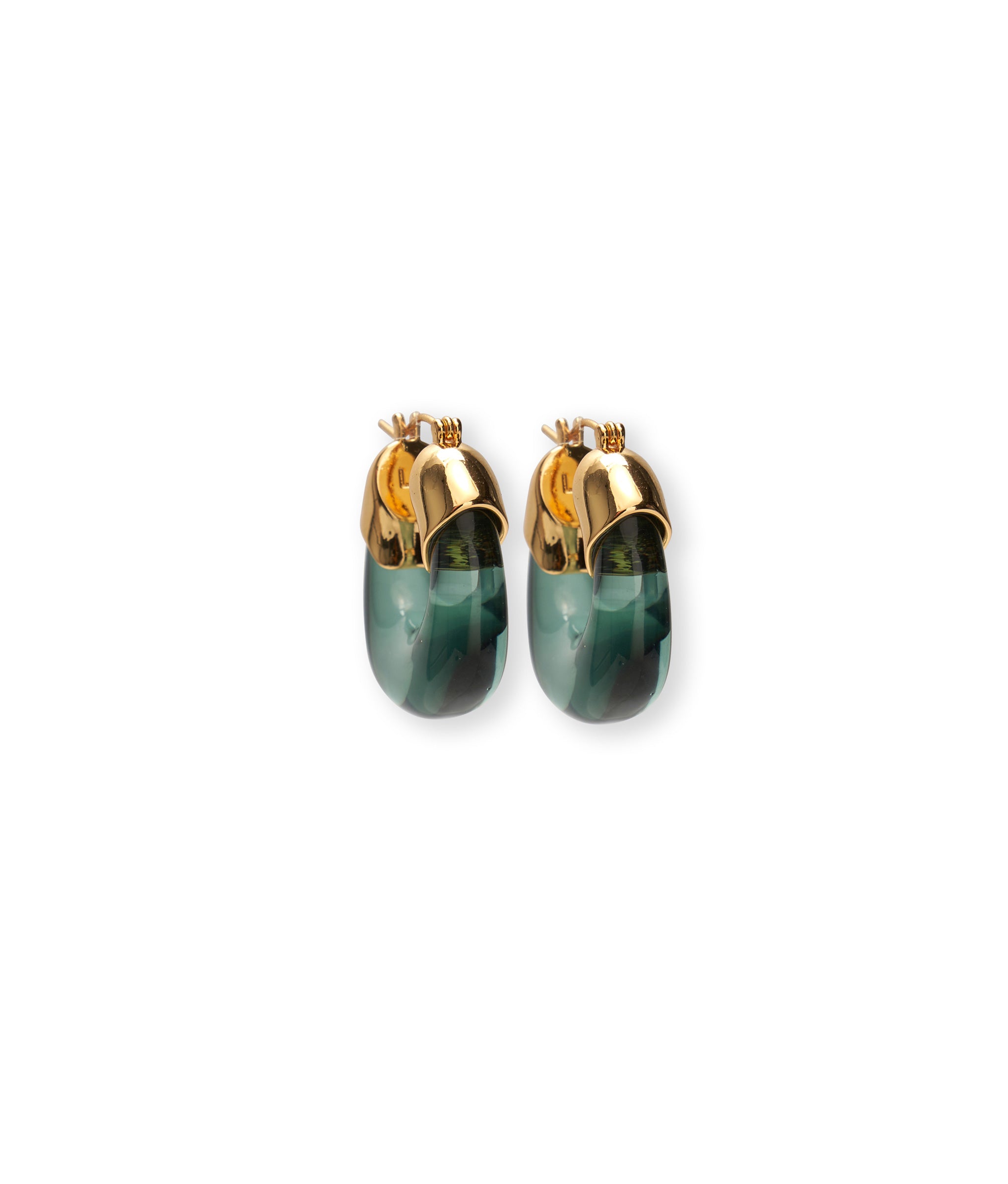 Mini Organic Hoops in Aqua. Hoop earrings with gold-plated brass and forest green-colored resin.