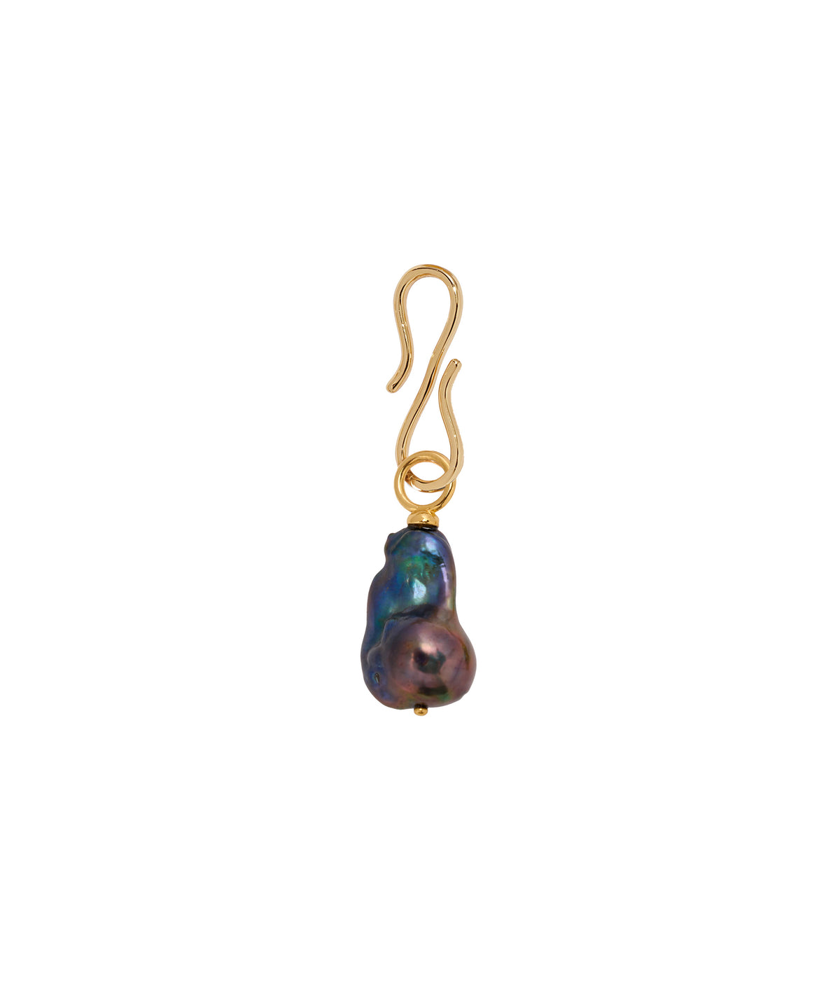 Deep Dive Charm in Peacock. Irregular-shaped black iridescent baroque pearl with gold s-hook