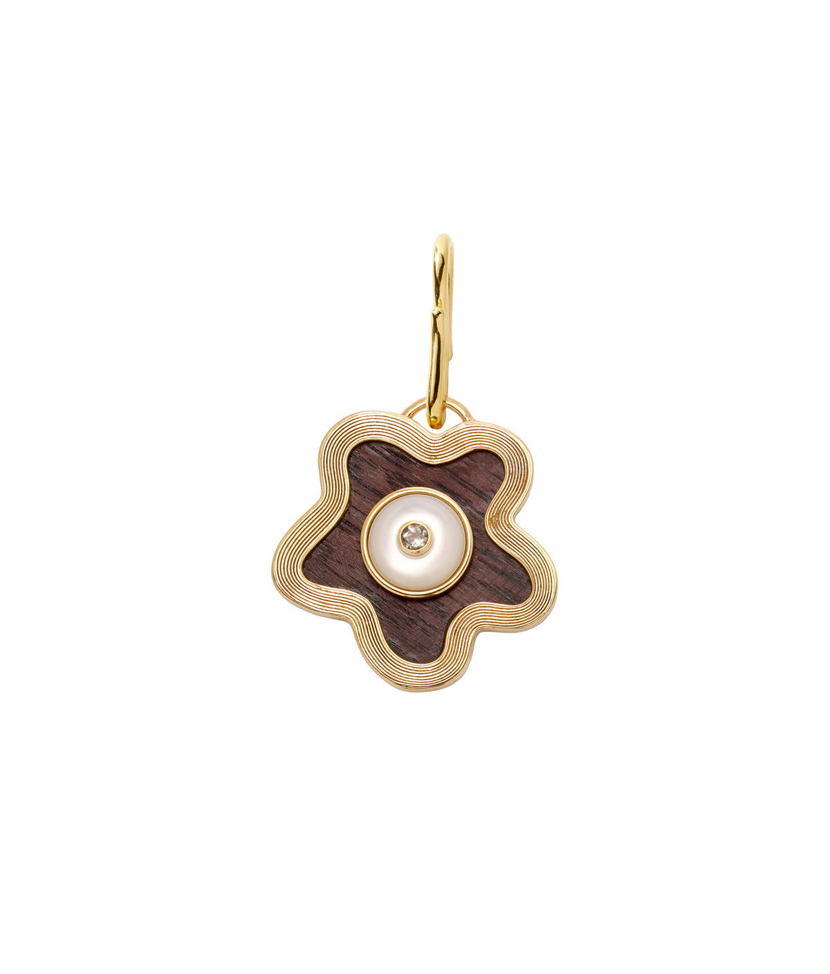 Nana Pendant in Acacia. Abstract flower charm with gold etched edges, wooden inlay, and pearl and green amethyst center.