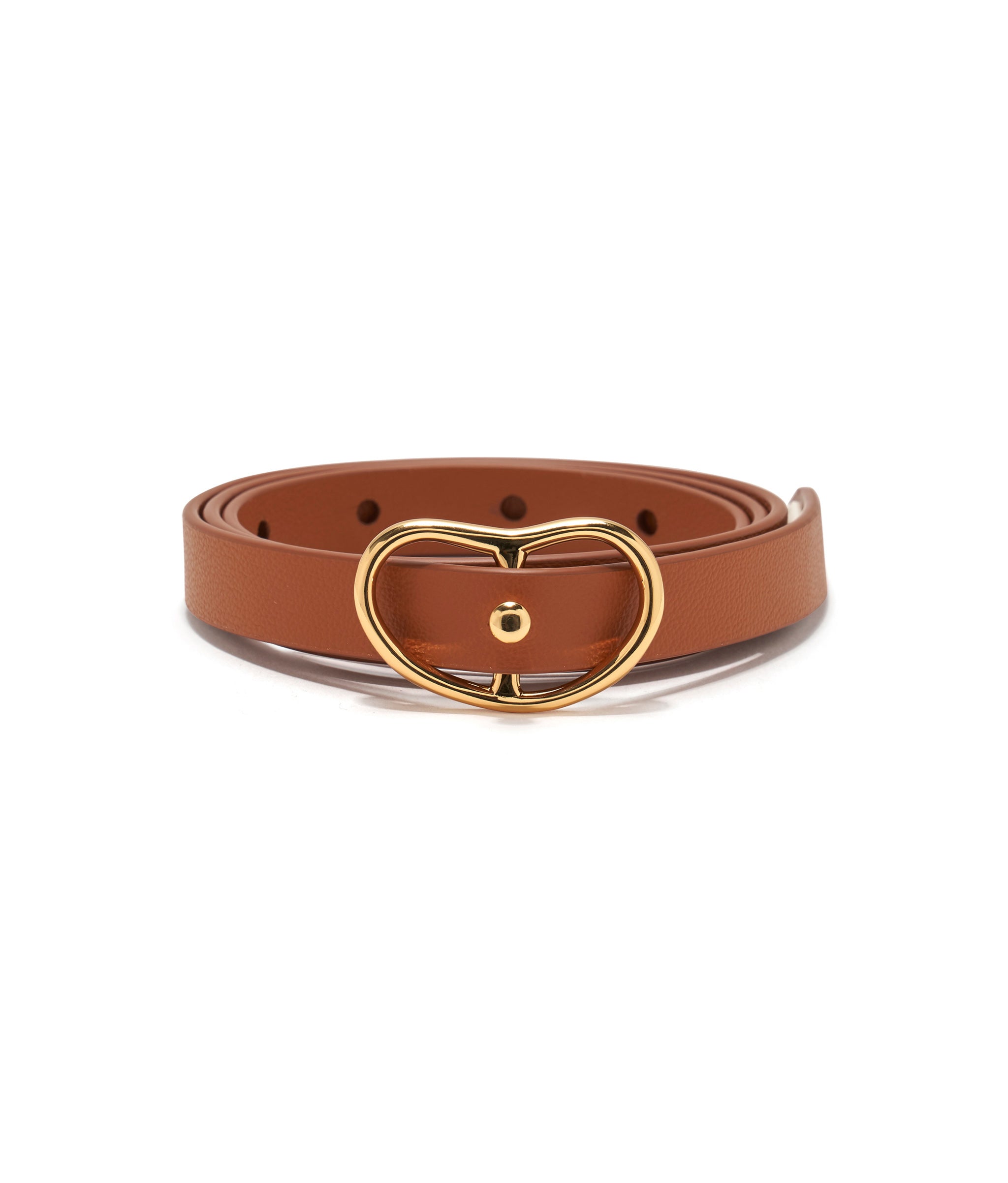Skinny Georgia Belt In Tan. Thin tan leather belt with gold-plated brass kidney-shaped buckle.