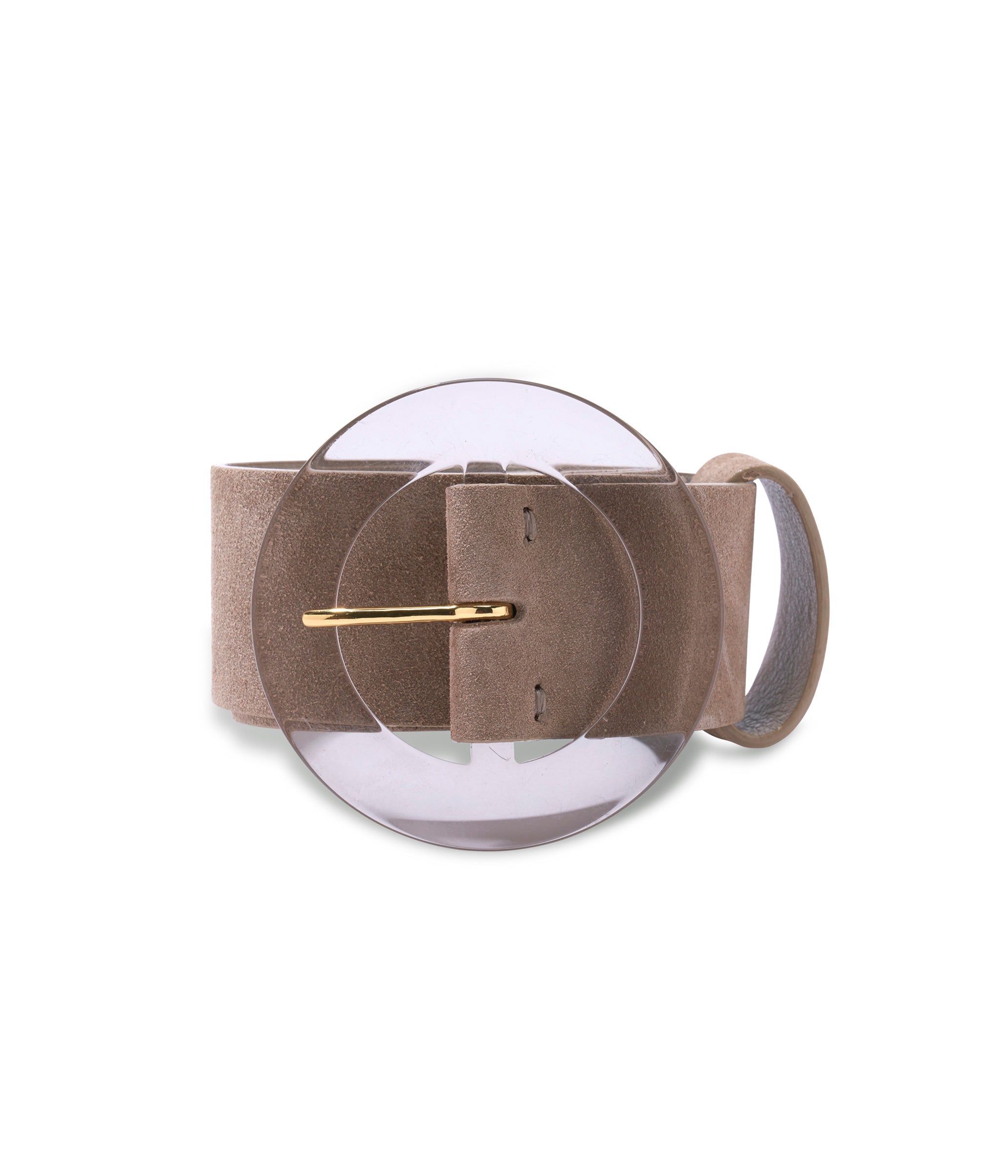 Our signature wide, taupe-colored suede belt with oversized round resin buckle.