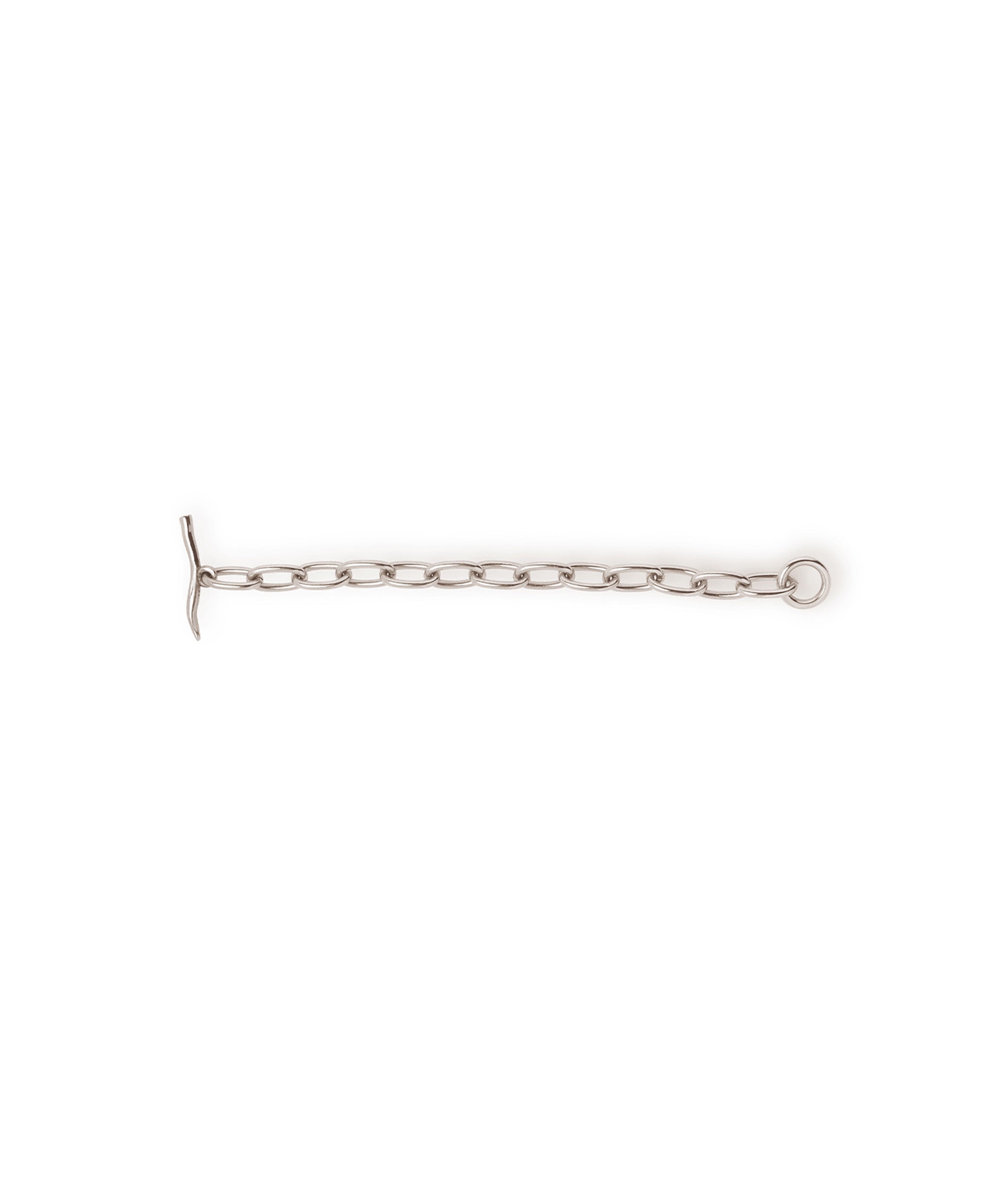 Close-up of silver-plated brass long link extender chain on a white background.