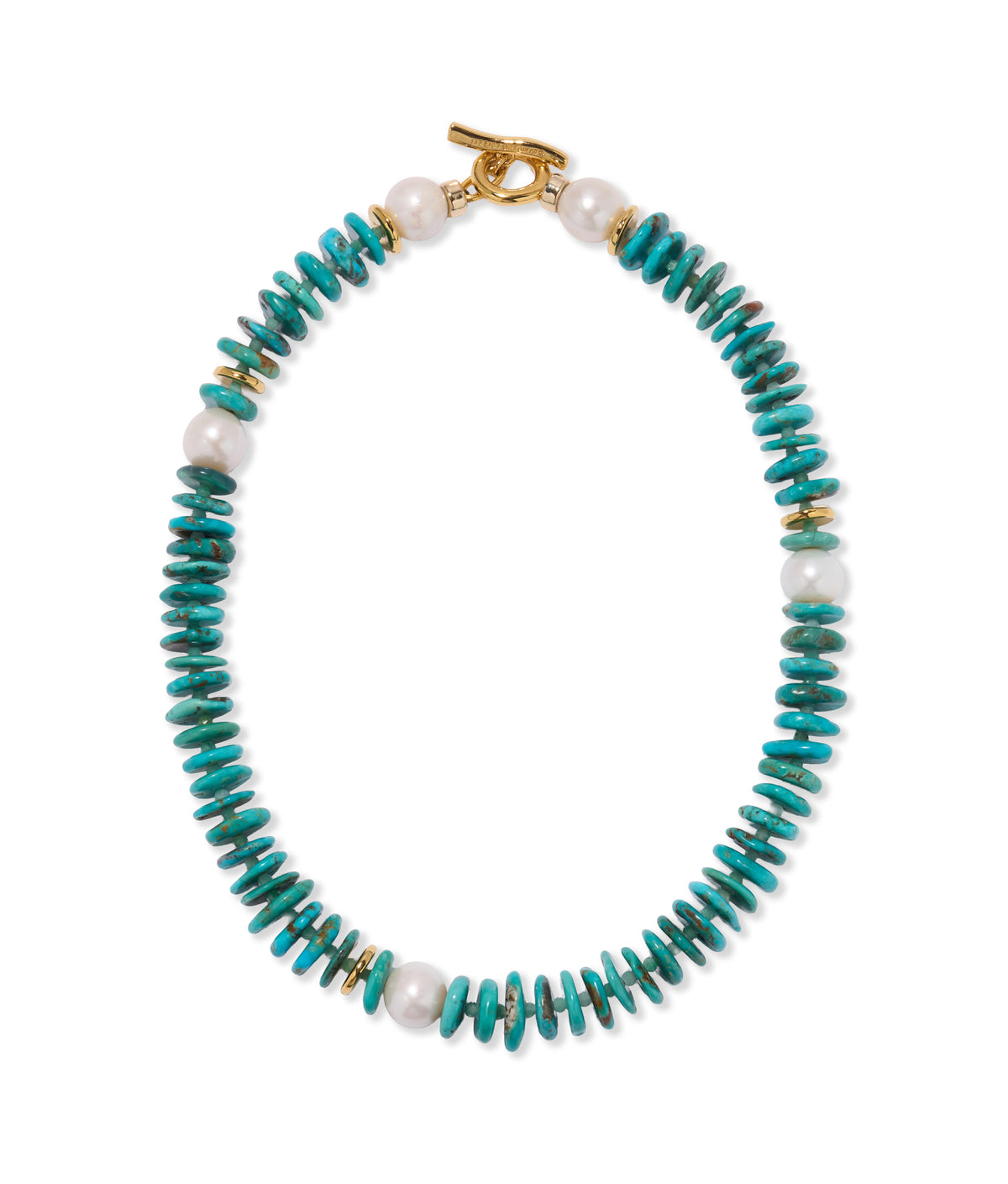 Mood Necklace in Turquoise. Single strand of turquoise heishi beads with pearl accents and gold toggle.