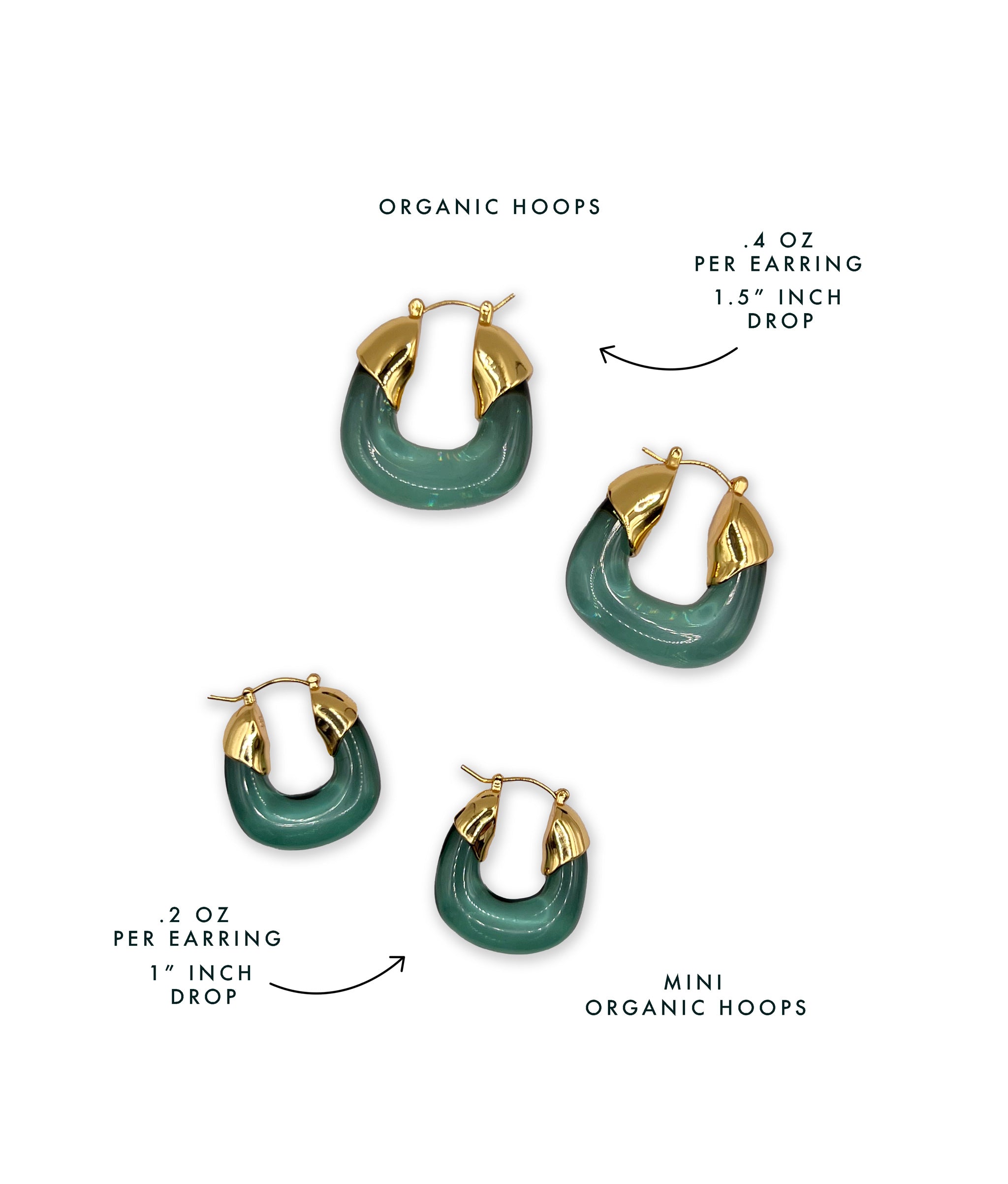 Comparison of size and weight between Organic Hoops and Mini Organic Hoops.